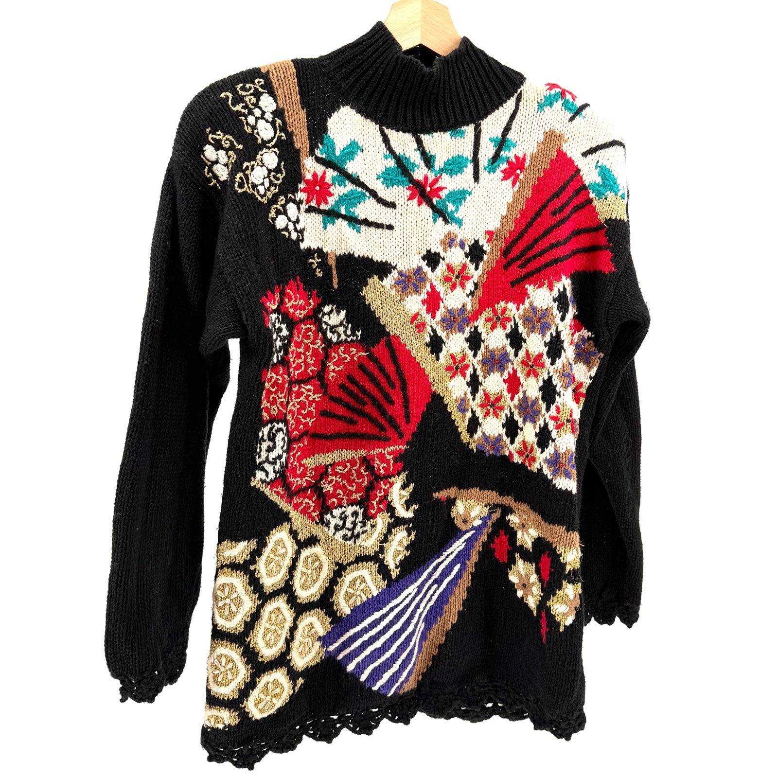 Vintage 90s Casual Corner Black Asian Floral Fan Graphic Beaded Sweater