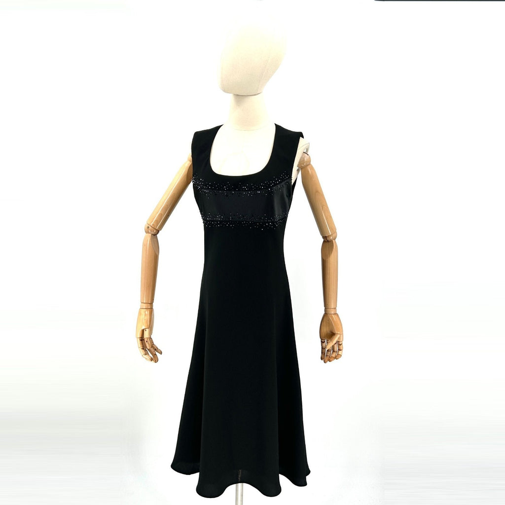 Vintage 90s Evan-Picone Black Beaded Satin Trim Cocktail Midi Dress