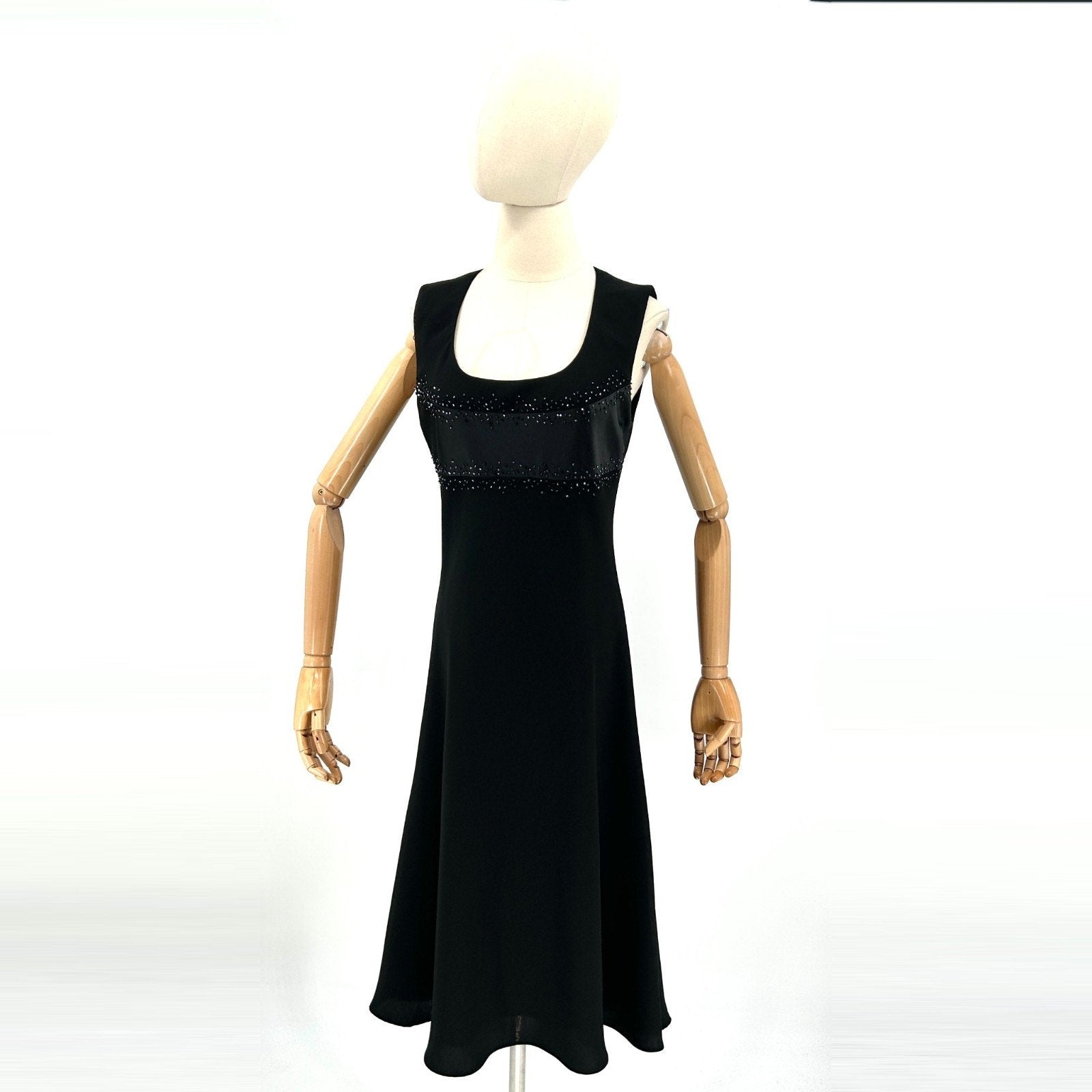Vintage 90s Evan-Picone Black Beaded Satin Trim Cocktail Midi Dress