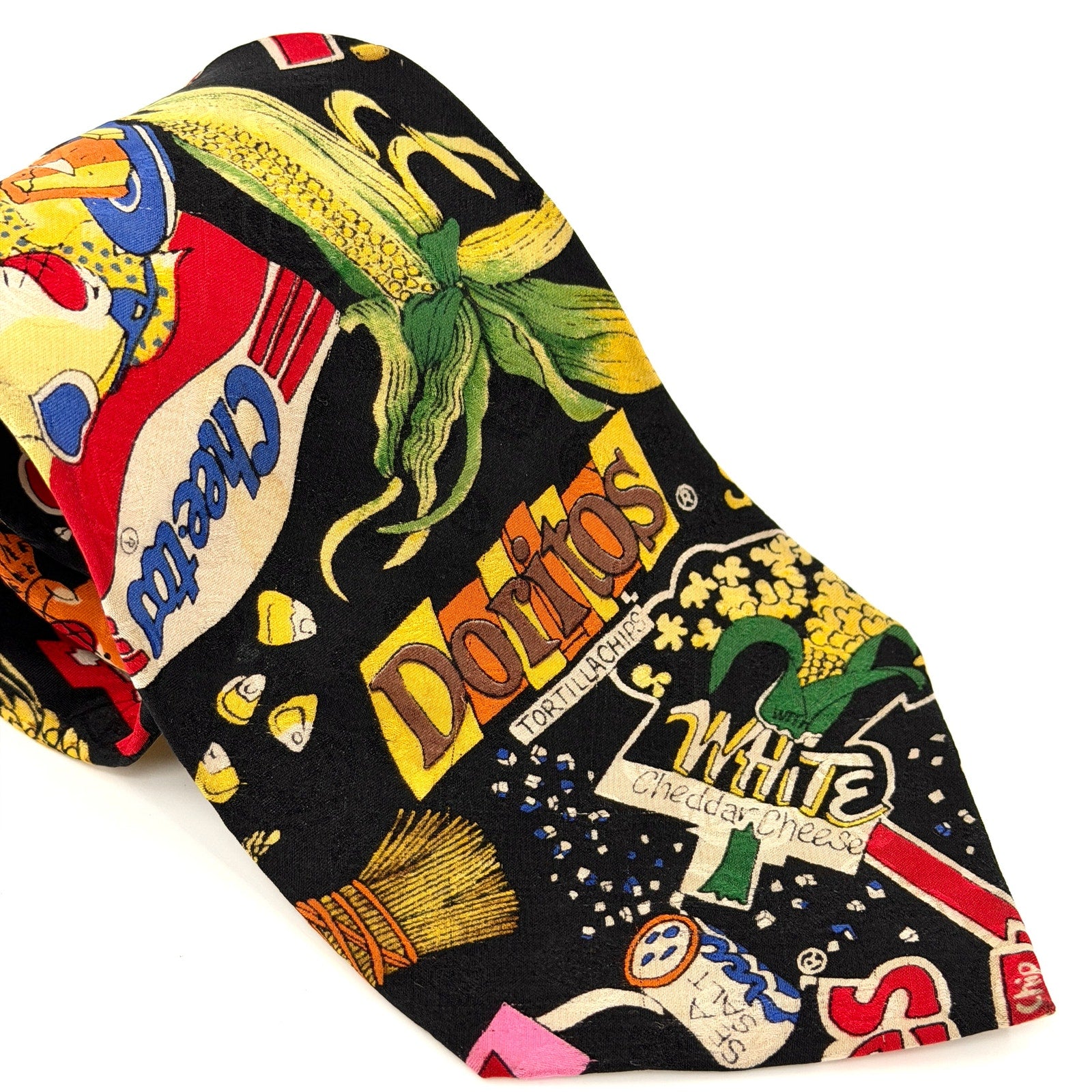 Vintage 90s Frito Lay Black 100% Silk Pop Culture Cheetos Doritos Print Tie