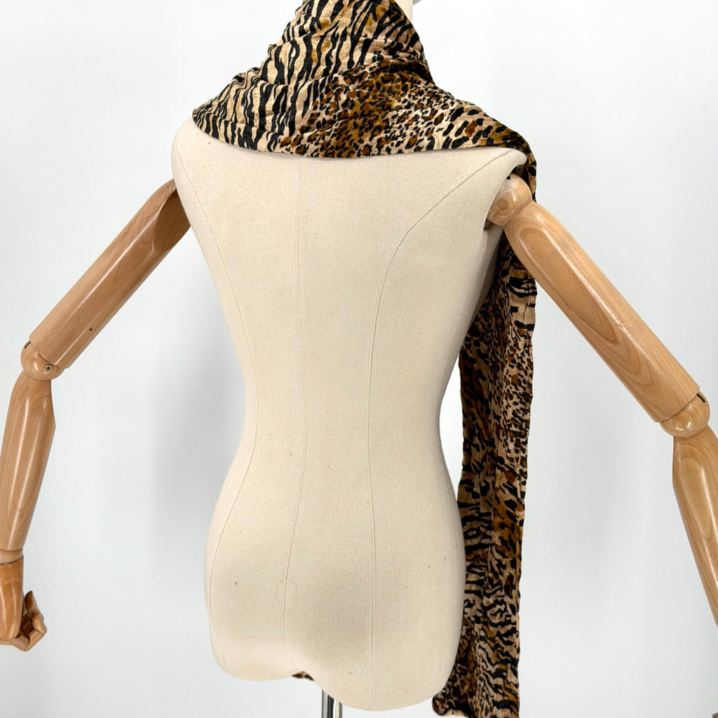Vintage 90s Brown Tan Animal Leopard Print Crushed Velvet 2 Ply Long Scarf
