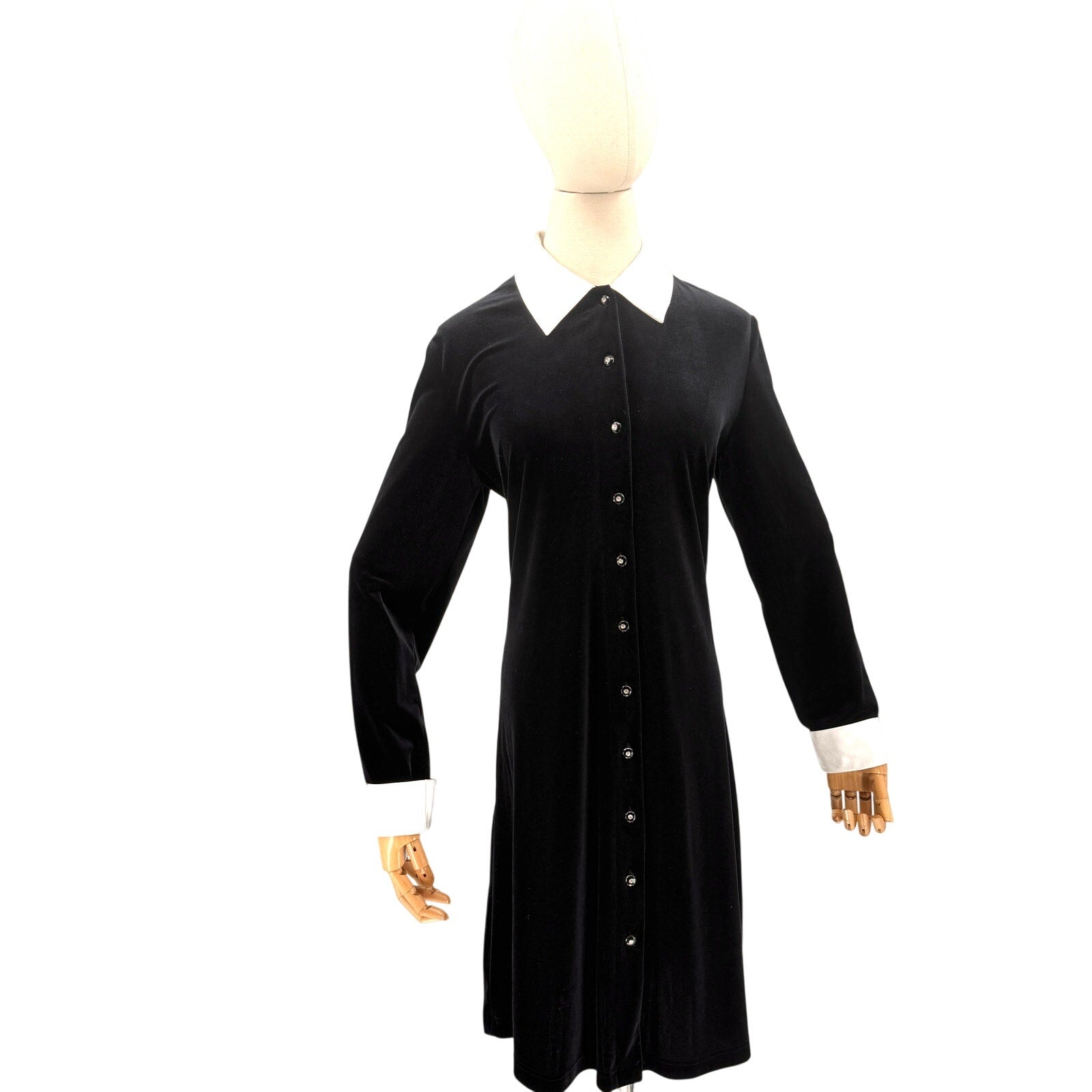 Vintage 90s Ronni Nicole Black Mod Long Sleeve Velvet Shirt Midi Dress