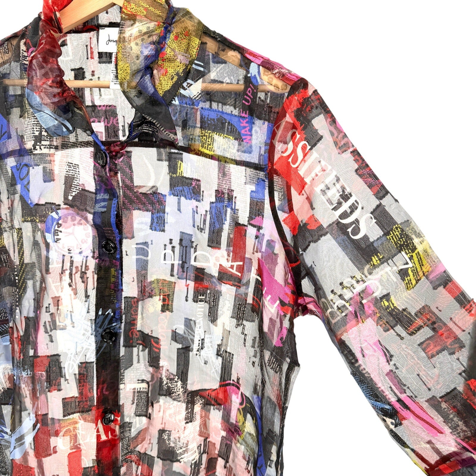 Joseph Ribkoff Black Sheer Graffiti Print Wire Collar Duster Overlay Jacket