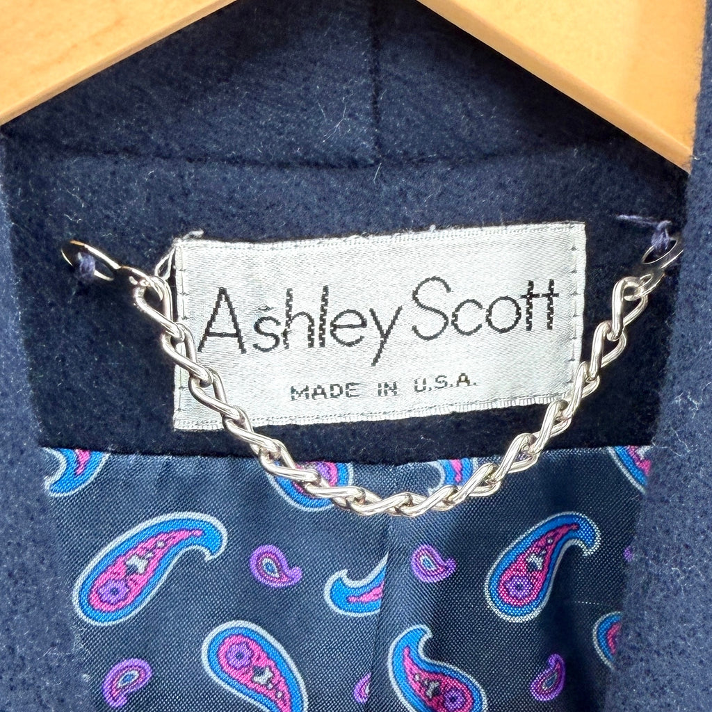 Vintage 80s Ashley Scott Navy Blue 100% Wool Shawl Collar Long Coat