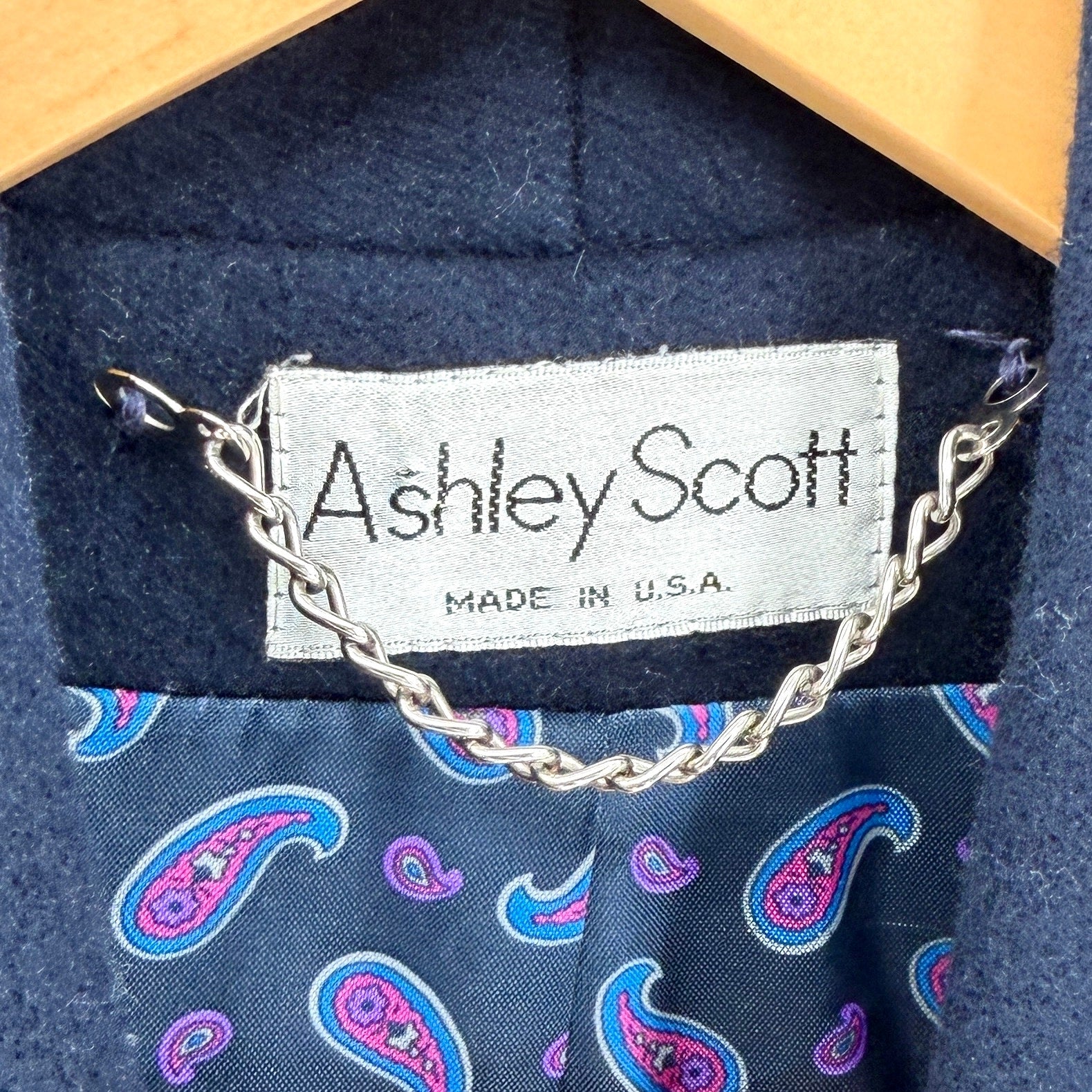 Vintage 80s Ashley Scott Navy Blue 100% Wool Shawl Collar Long Coat