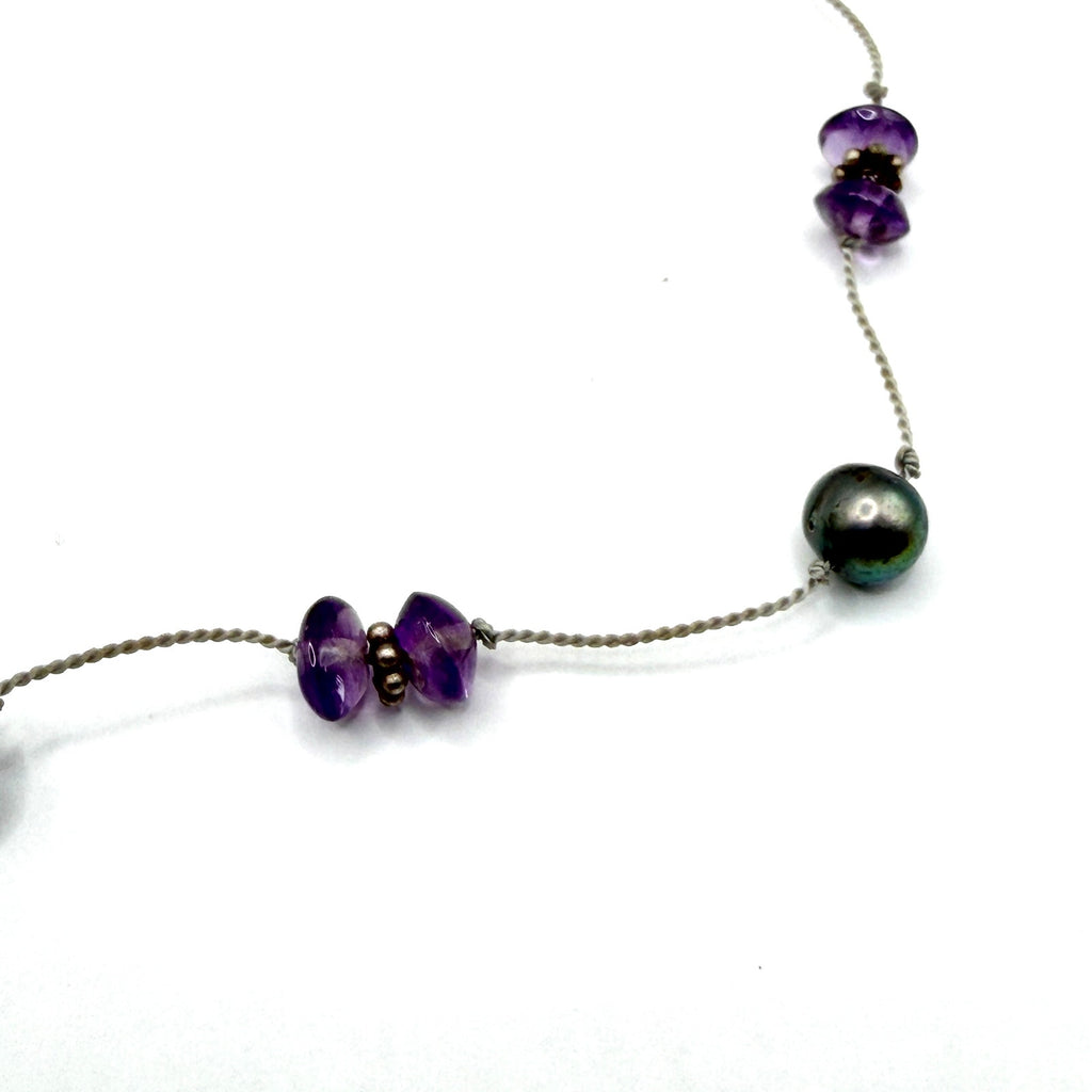 Vintage 90s Purple Grey Amethyst Pearl Tin Cup Toggle Necklace