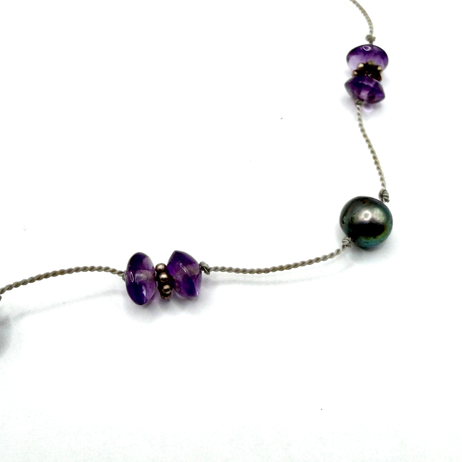 Vintage 90s Purple Grey Amethyst Pearl Tin Cup Toggle Necklace