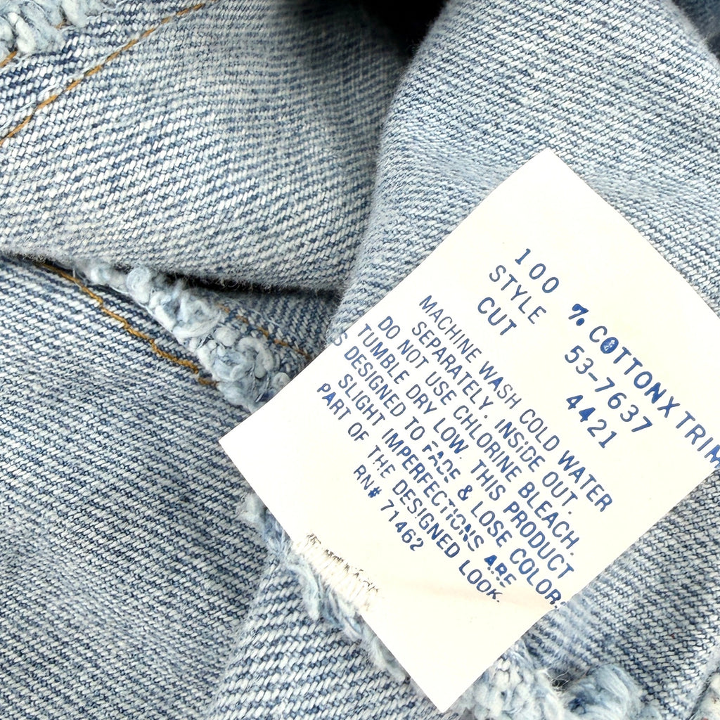 Vintage 90s Switch Blue 100% Cotton Cropped Brown Lace Trim Denim Jacket