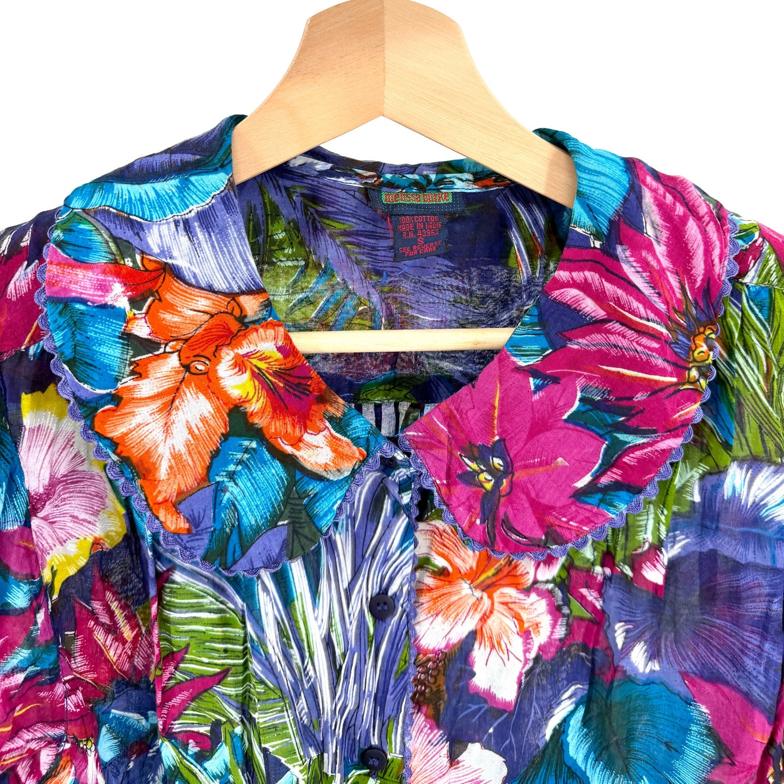 Vintage Y2K Melissa Burke Blue 100% Cotton Retro Boho Peter Pan Collar Shirt