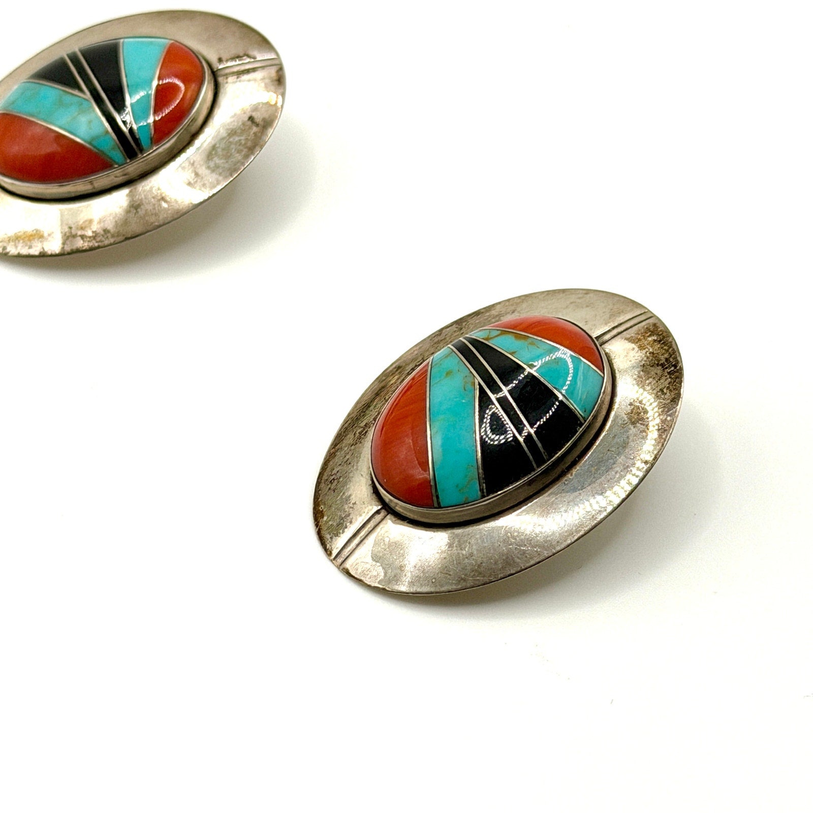 Vintage 90s Sun West Silver Multi Stamped Sterling Silver Inlay Post Earrings
