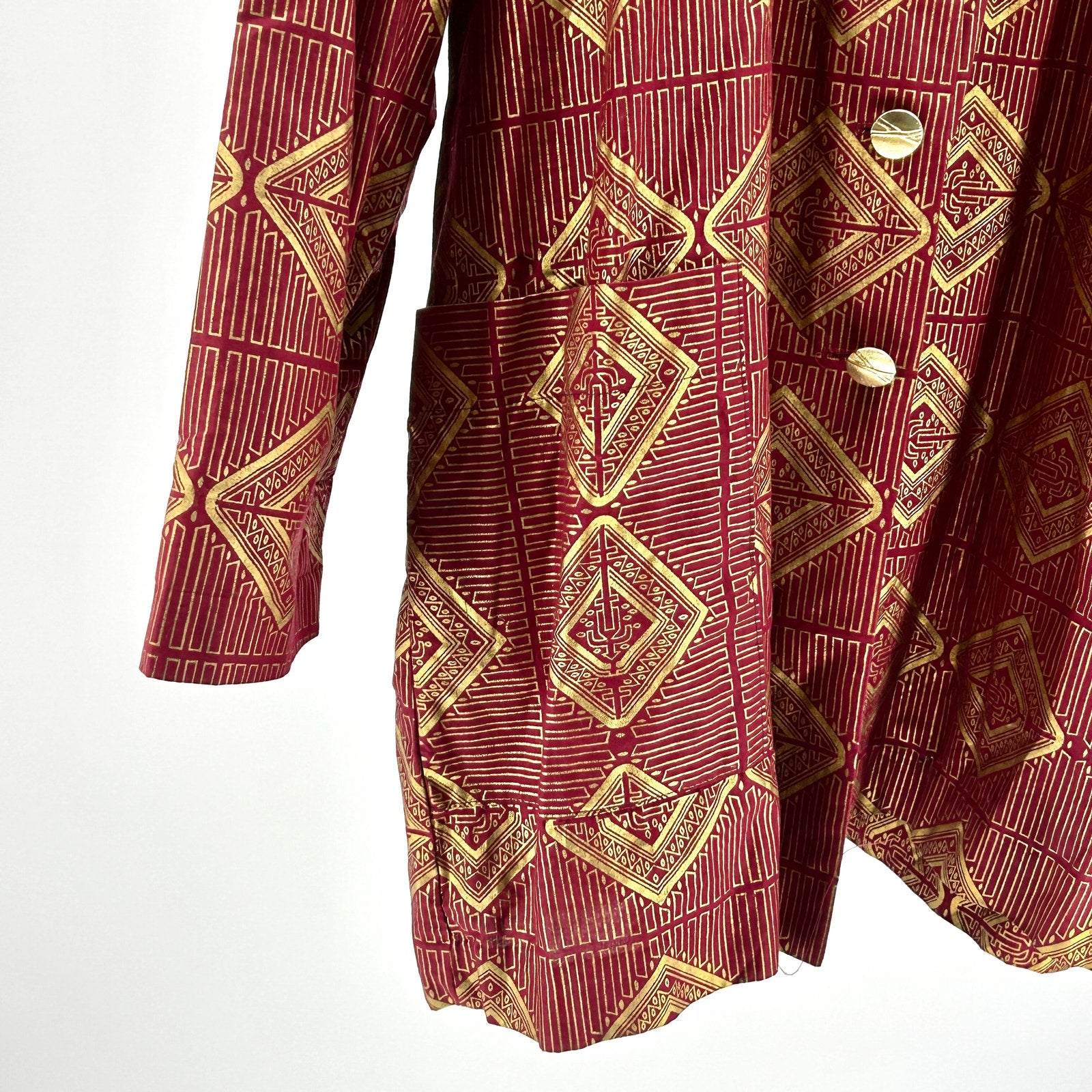 Vintage 90s Homeland Authentics Maroon Gold Tribal Metallic Cotton Jacket
