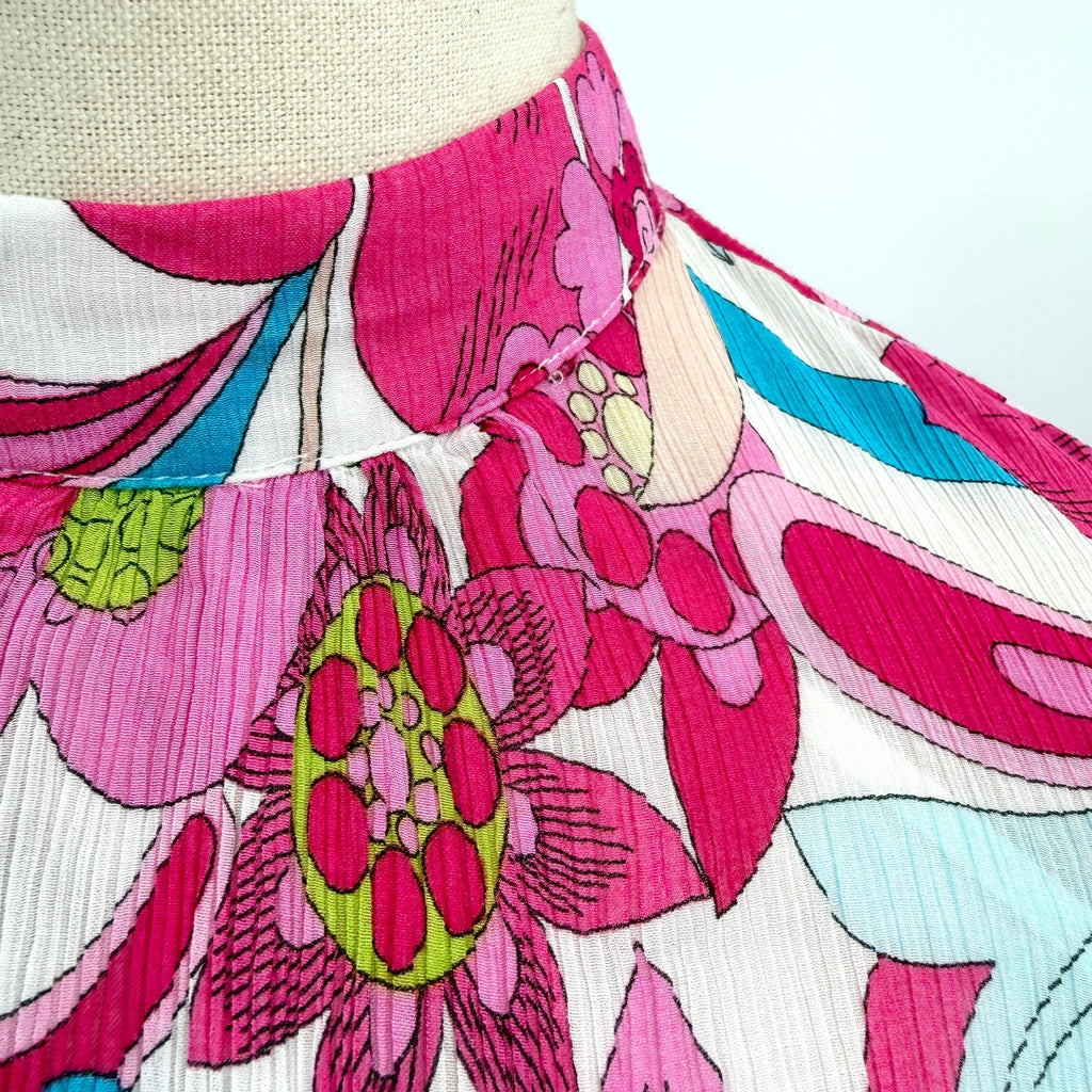Trina Turk Pink Blue Floral Silk Blend Plissé Mini Dress