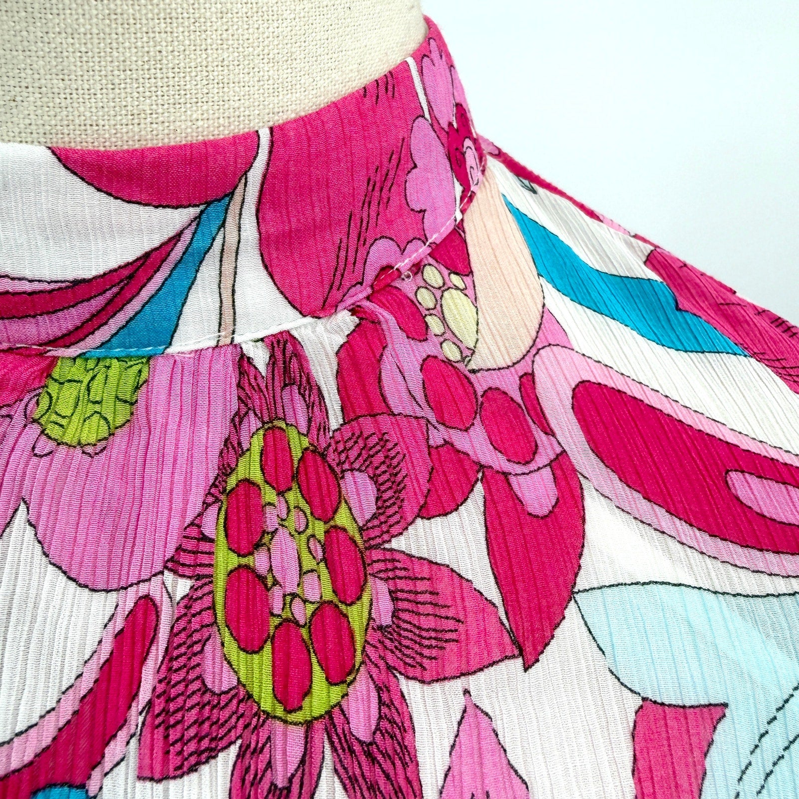 Trina Turk Pink Blue Floral Silk Blend Plissé Mini Dress