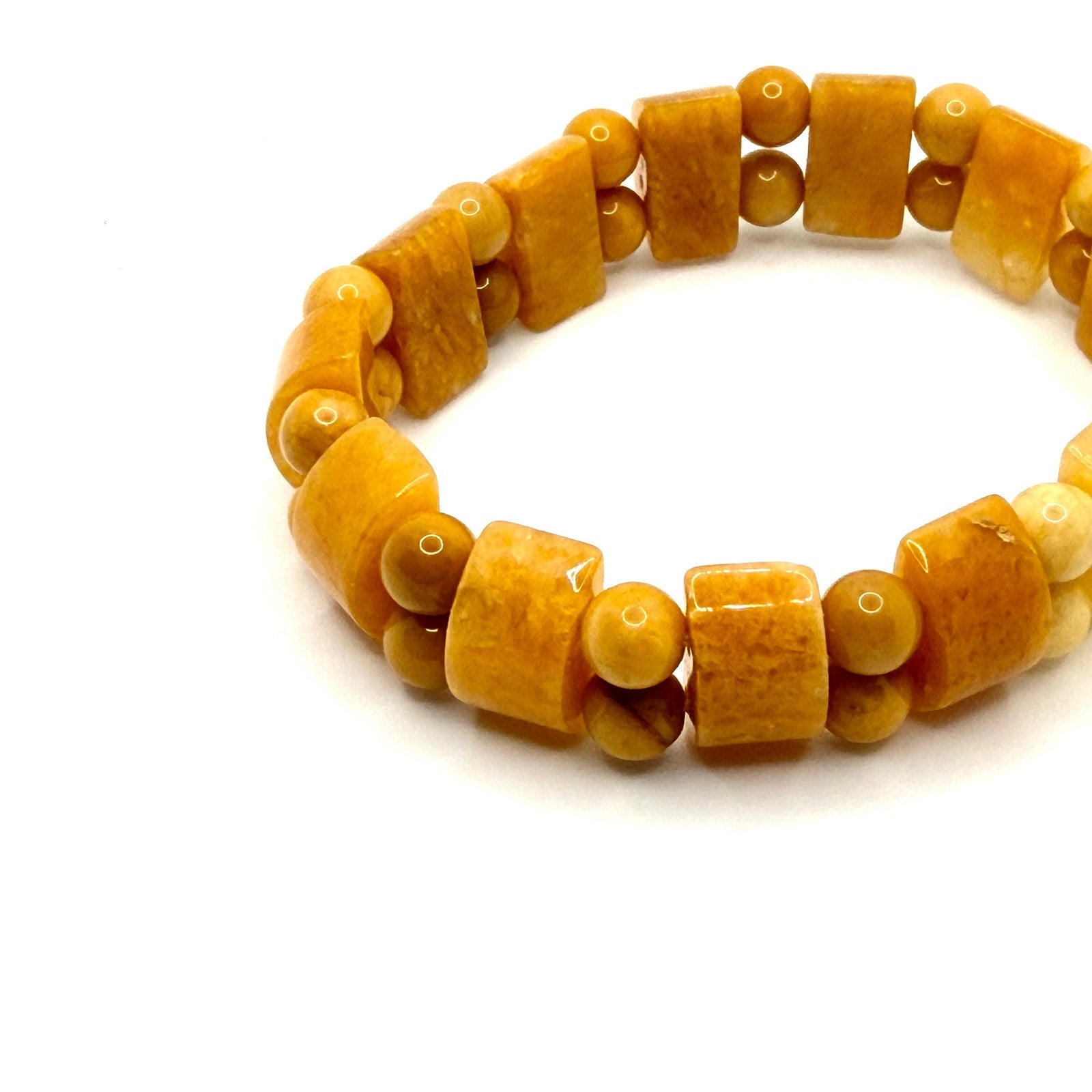 Vintage 90s Yellow Baltic Amber Barrel Bead Double Strand Stretch Bracelet
