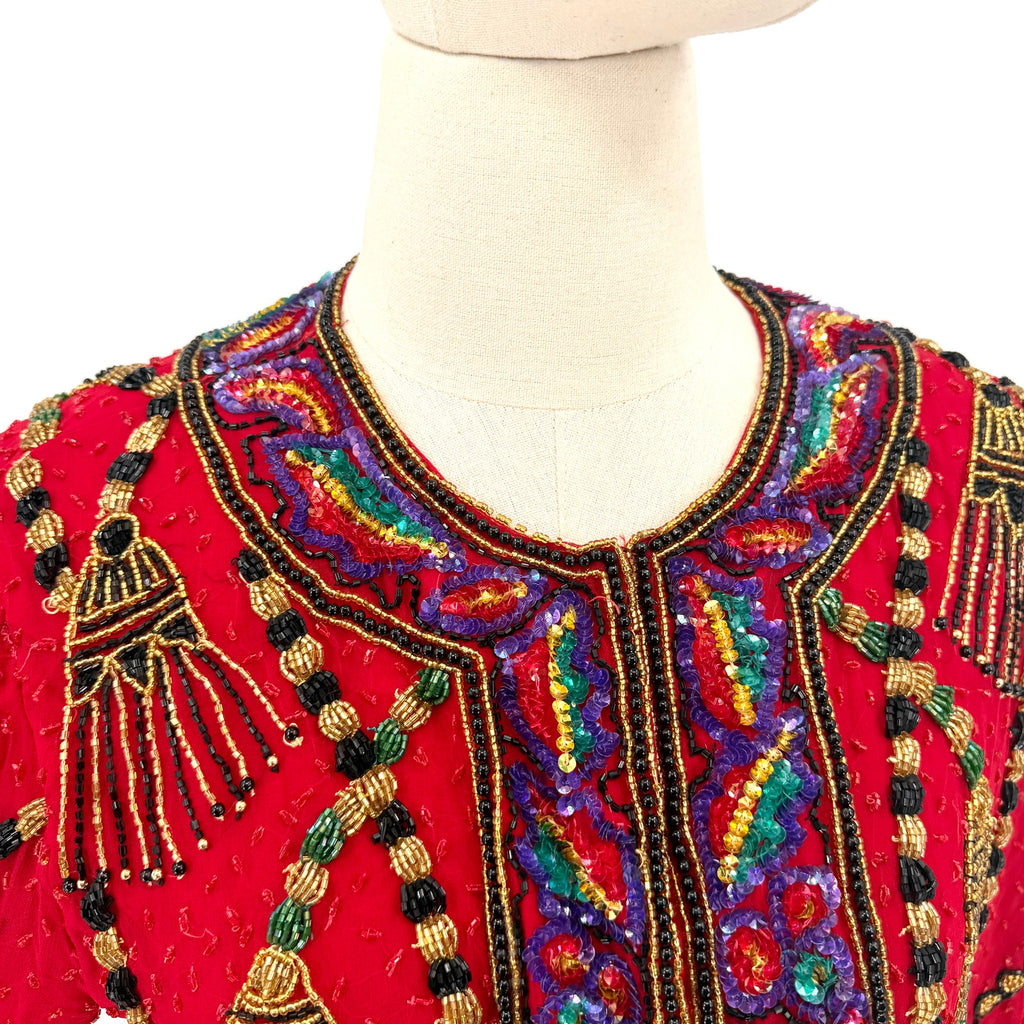 Vintage 90s Laurence Kazar Red 100% Silk Beaded Tassel Glam Statement Jacket