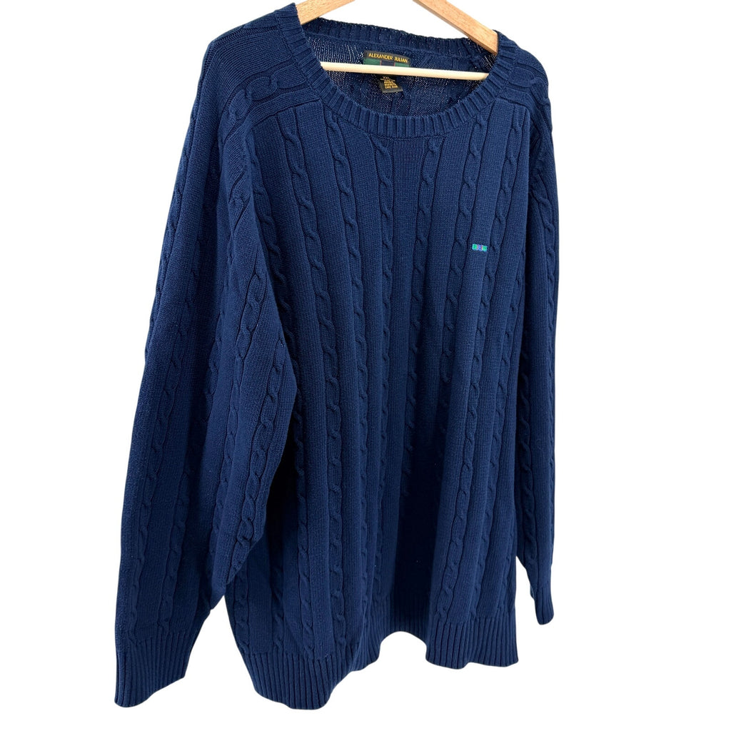 Vintage 90s Alexander Julian Colours Navy Blue 100% Cotton Cable Knit Sweater