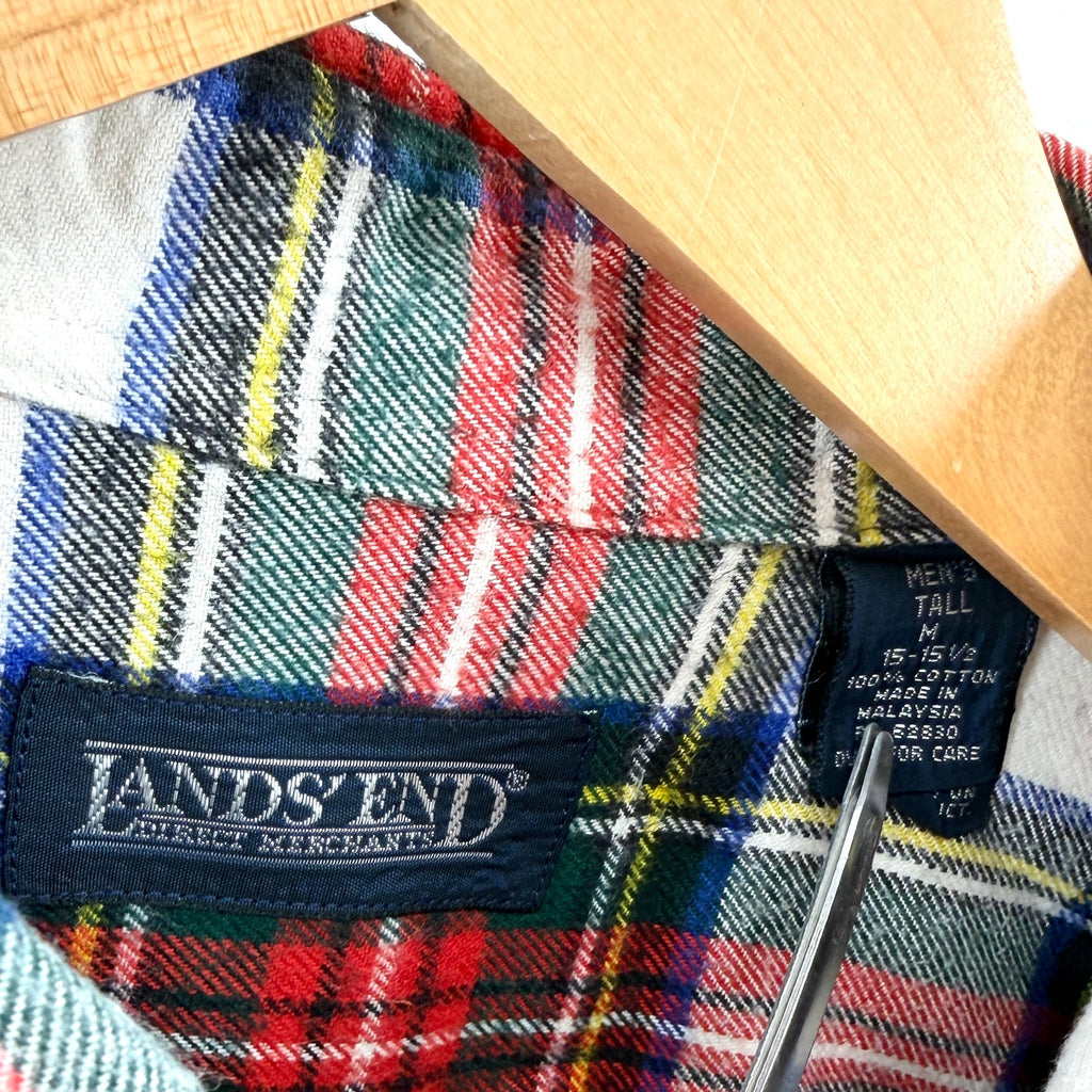 Vintage 90s Lands' End White Red Plaid 100% Cotton Button Down Flannel Shirt