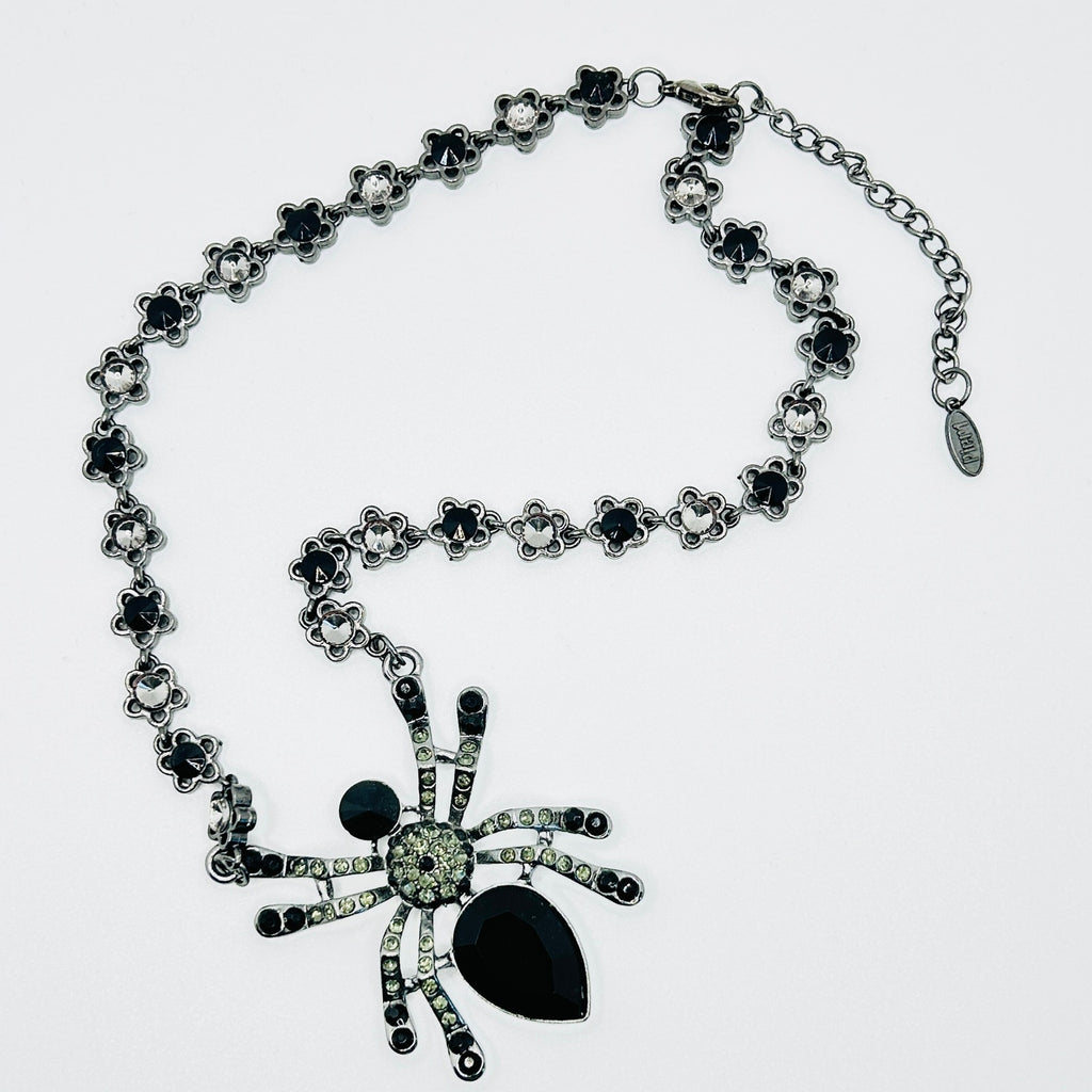 Vintage y2k Pier 1 Imports Silver Black Rhinestone Spider Pendant Necklace