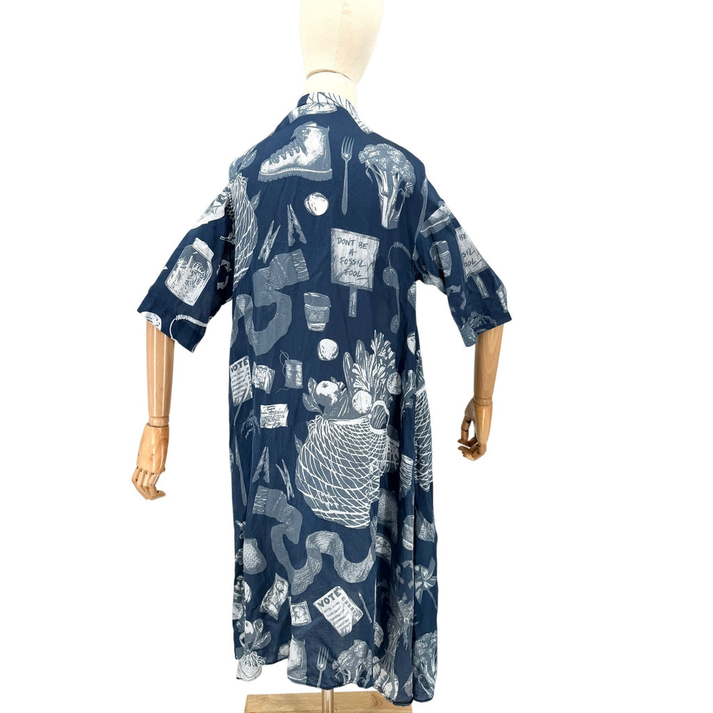 Gung Ho Indigo Blue British Motif Silk Blend Shirt Midi Dress