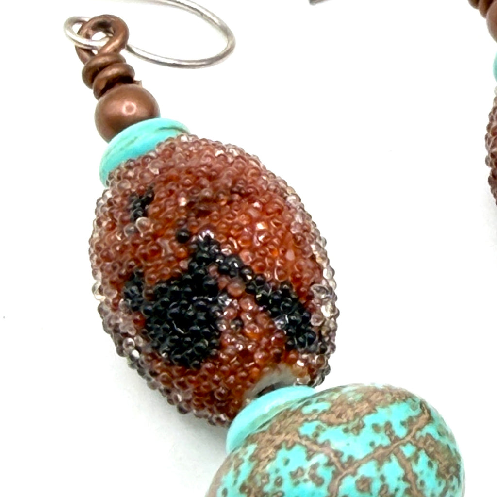 Vintage 90s Turquoise Gourd Glass Bead Chandelier Drop Earrings
