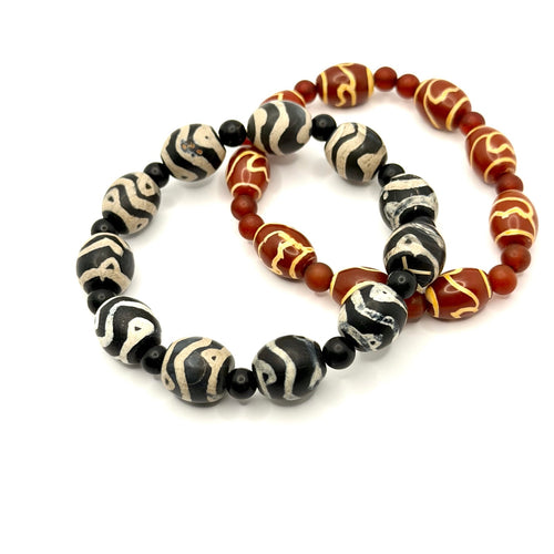 Black Red Etched Dzi Agate Boho Stretch Bracelet Set