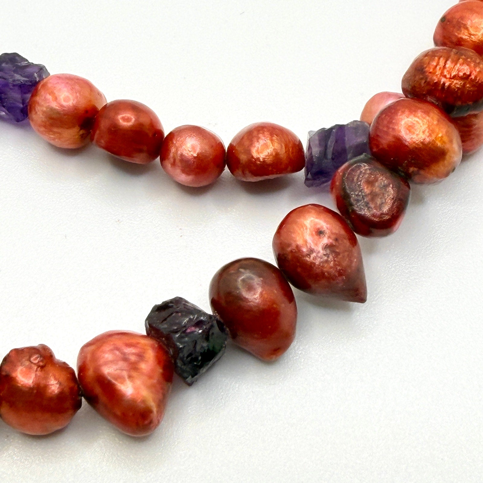 Vintage 90s Red Copper Freshwater Pearl Amethyst Boho Statement Necklace