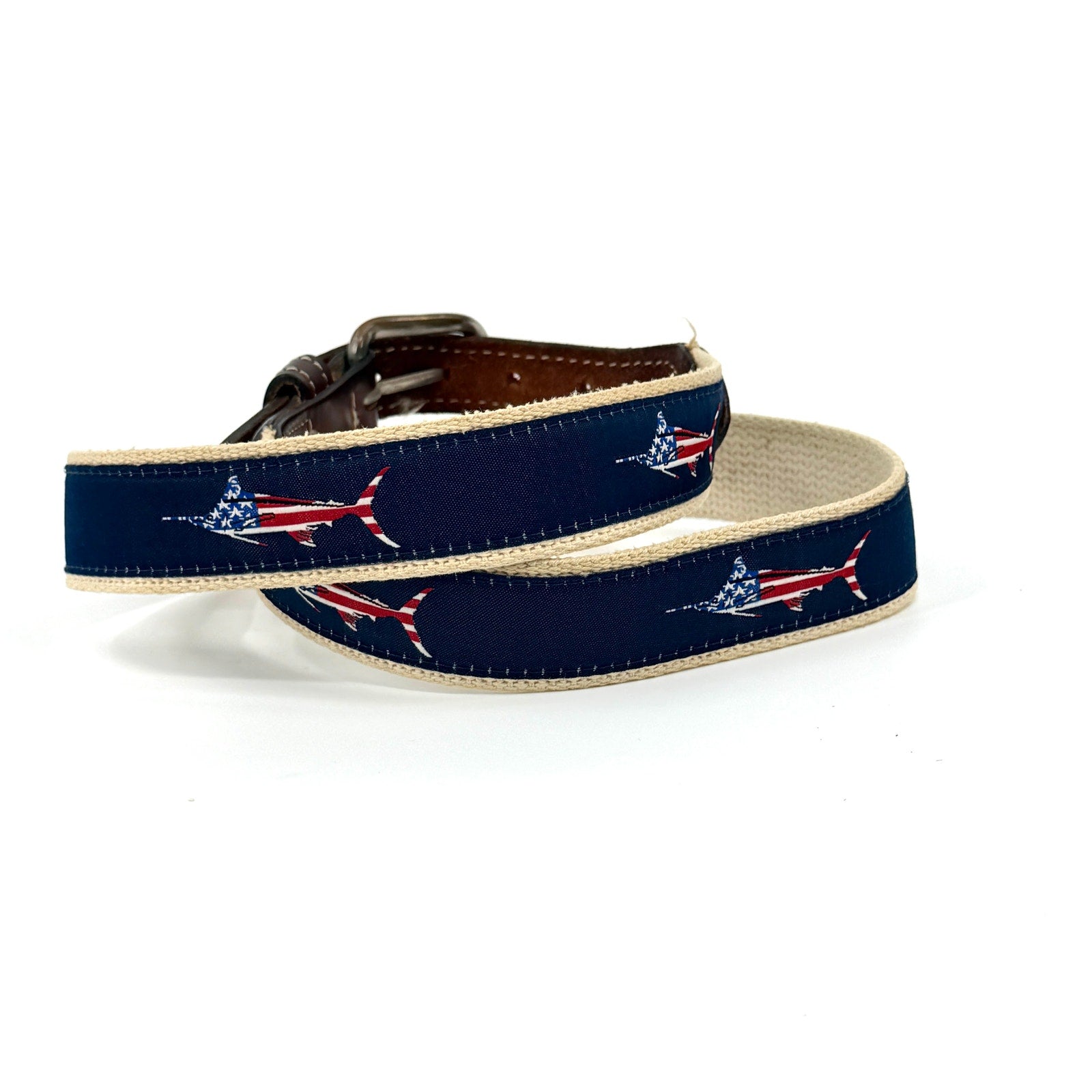 Vintage 90s Tan Navy Blue Genuine Leather Patriotic Marlin Web Belt