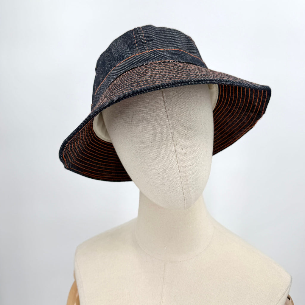 Vintage 80s Markwort Dark Blue Denim Orange Stitch Bucket Hat