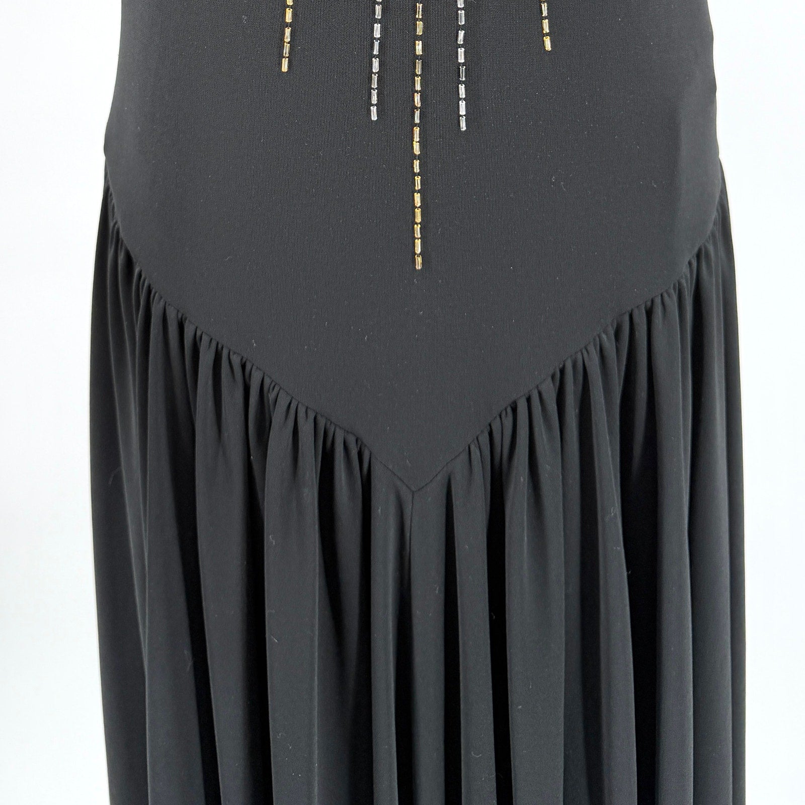 Vintage 80s Nuit Black Drop Waist Beaded Sunburst Flounce Glam Evening Dress