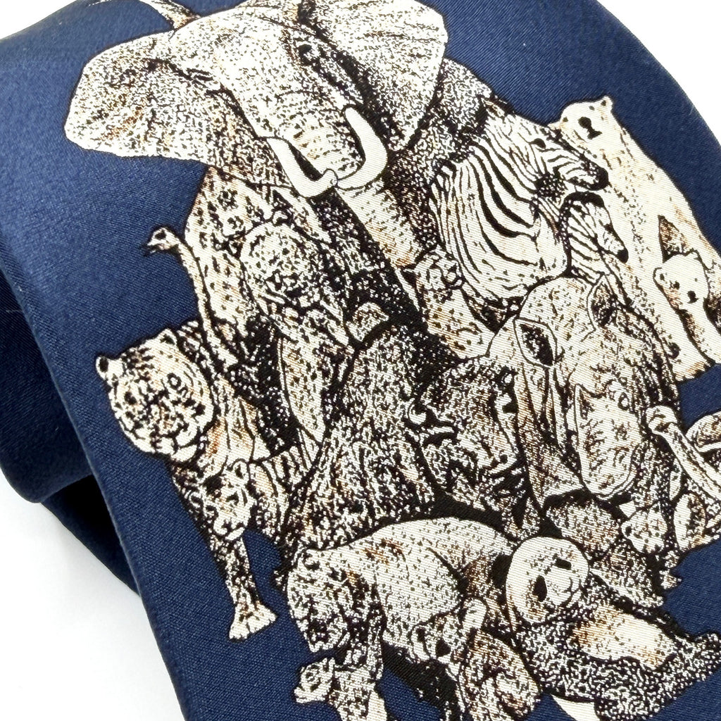 Vintage 90s World Wildlife Fund Silk Navy Elephant Panda Necktie