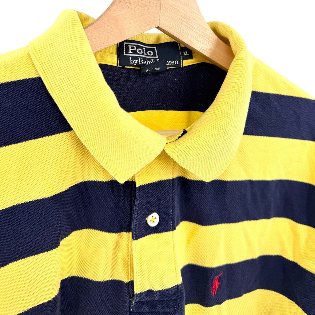 Vintage 90s Polo Ralph Lauren Yellow Navy 100% Cotton Striped Polo Shirt