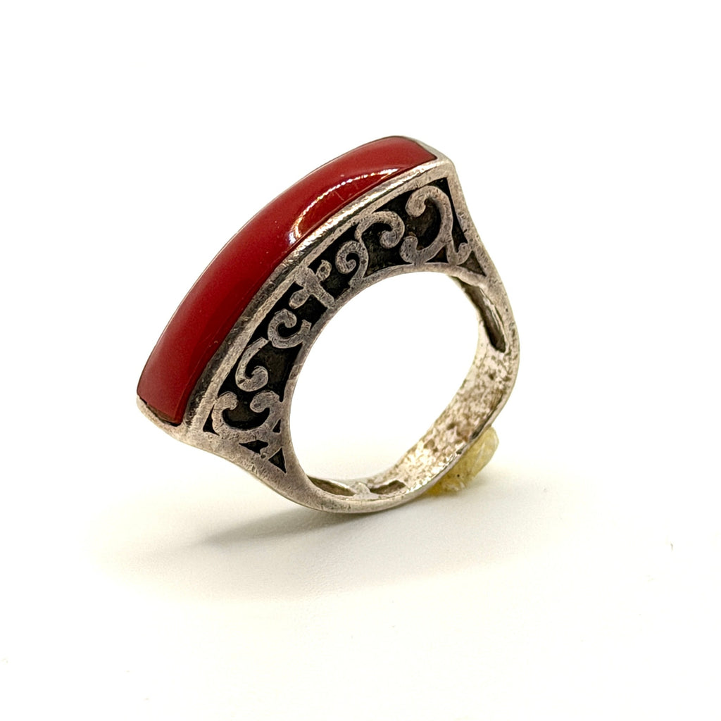 Vintage 80s Red Jasper Sterling Silver Stamped Filigree Cross Arched Ring