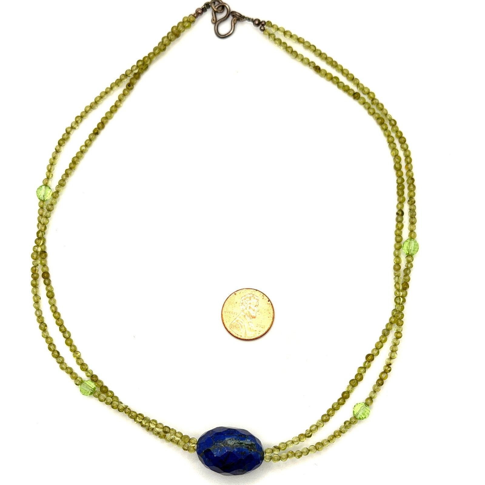 Vintage 90s Peridot Lapis Lazuli Green Blue Beaded Double Strand Necklace