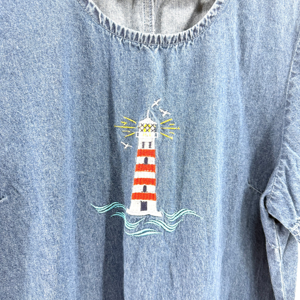 Vintage Blair Blue Nautical Lighthouse Embroidery 100% Cotton A-Line Denim Dress