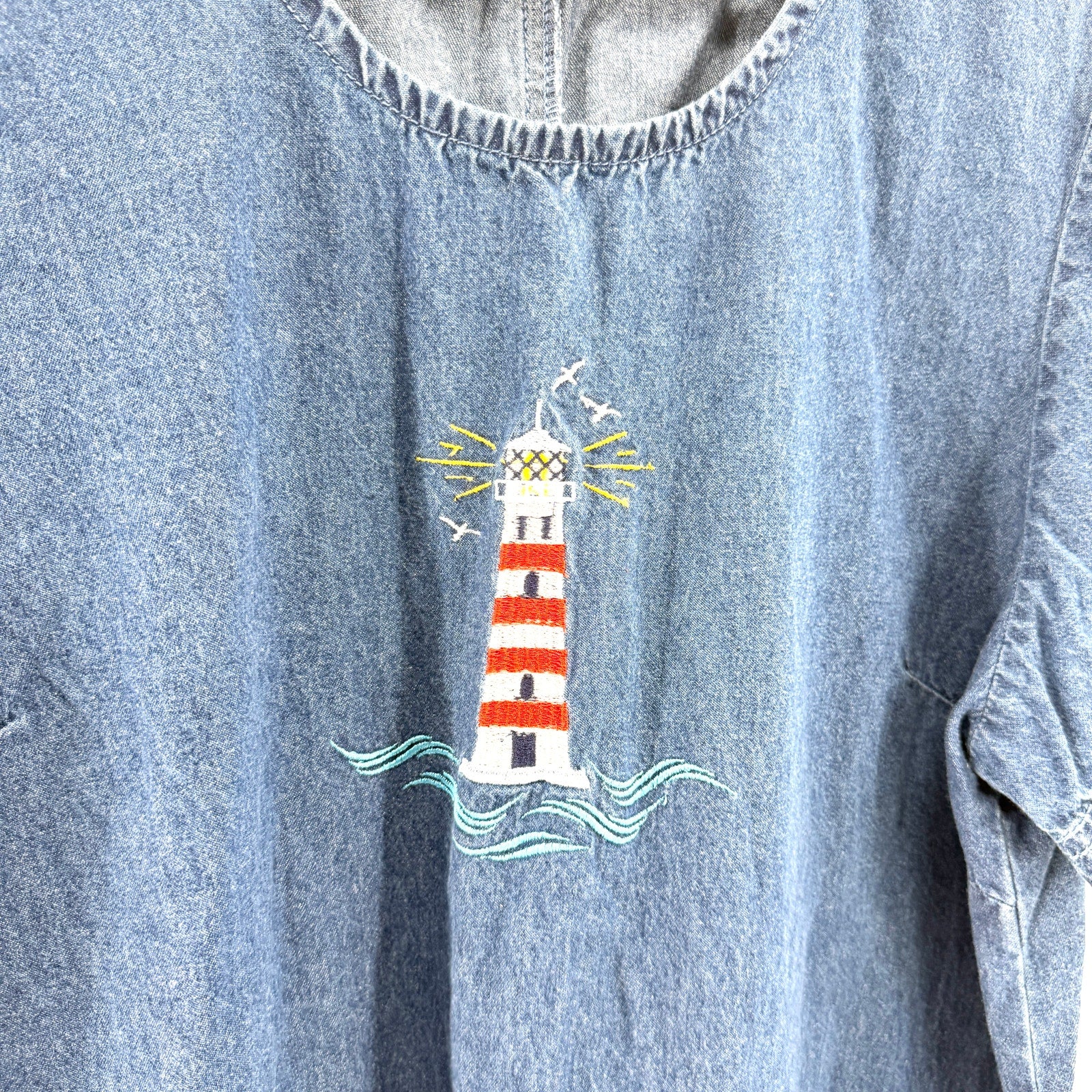 Vintage Blair Blue Nautical Lighthouse Embroidery 100% Cotton A-Line Denim Dress