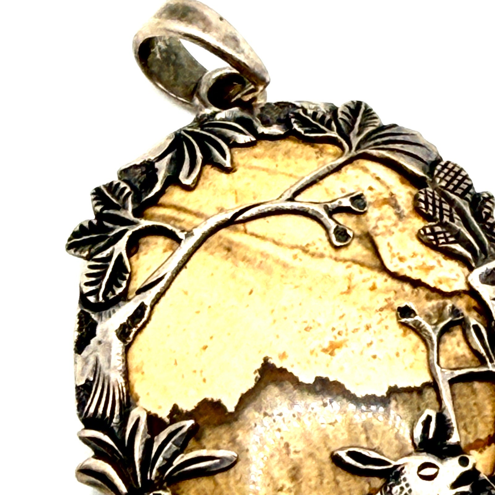 Vintage 90s Picture Jasper Rabbit Nature Sterling Silver Pendant