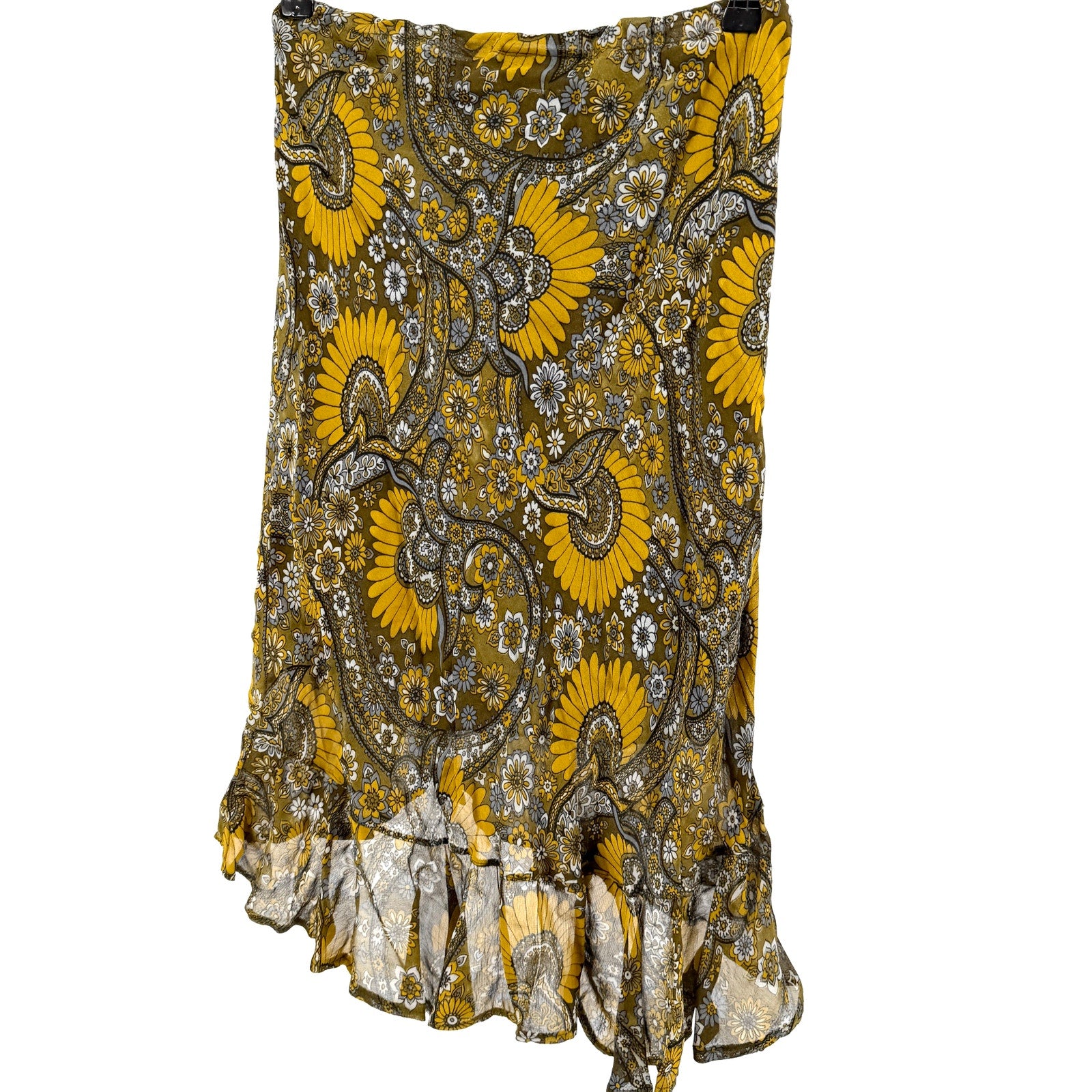 Vintage Y2K Sharagano Paris Yellow Paisley Viscose Ruffle High Low Skirt