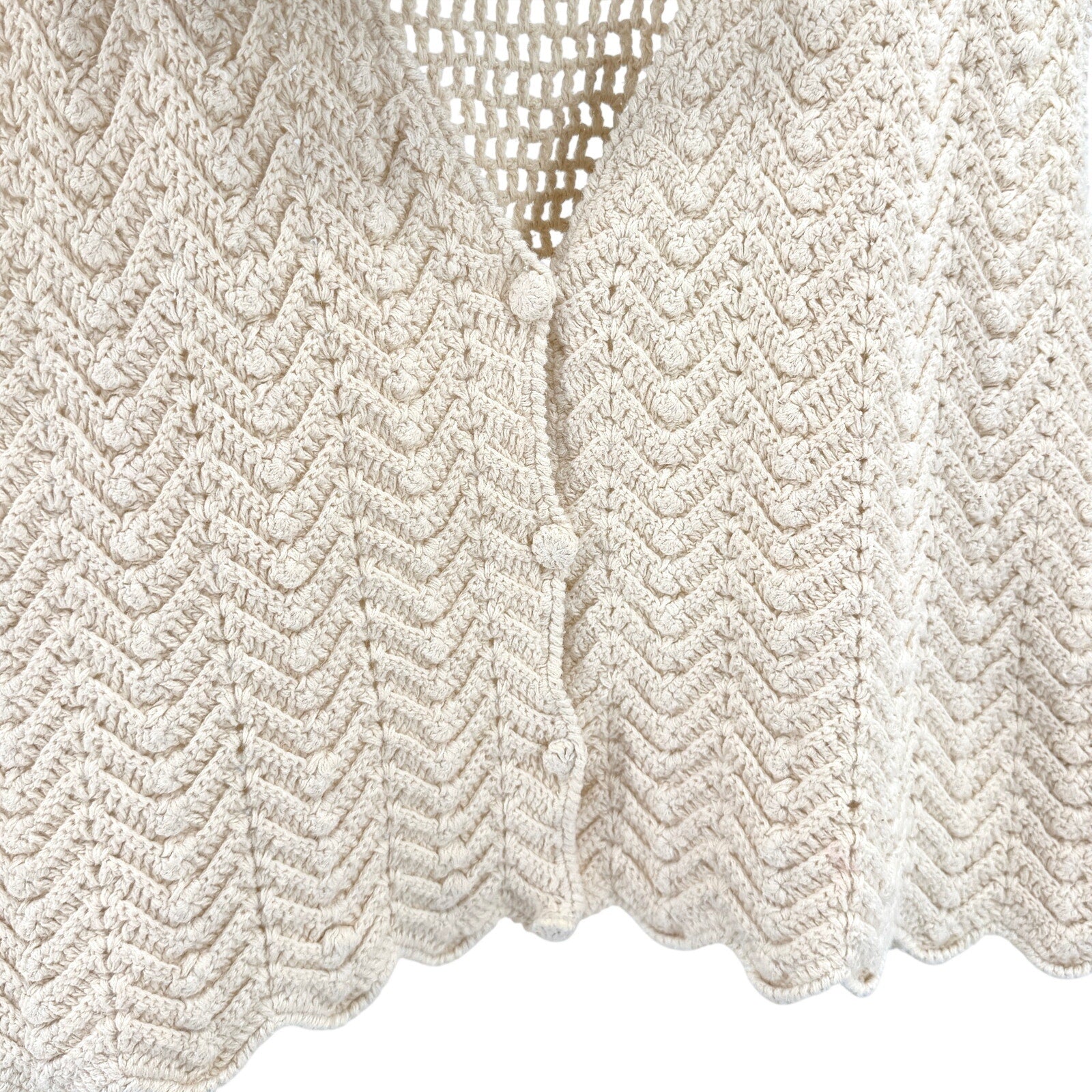 Vintage 90s Cream Ivory 100% Cotton Crochet Boho Button Front Vest