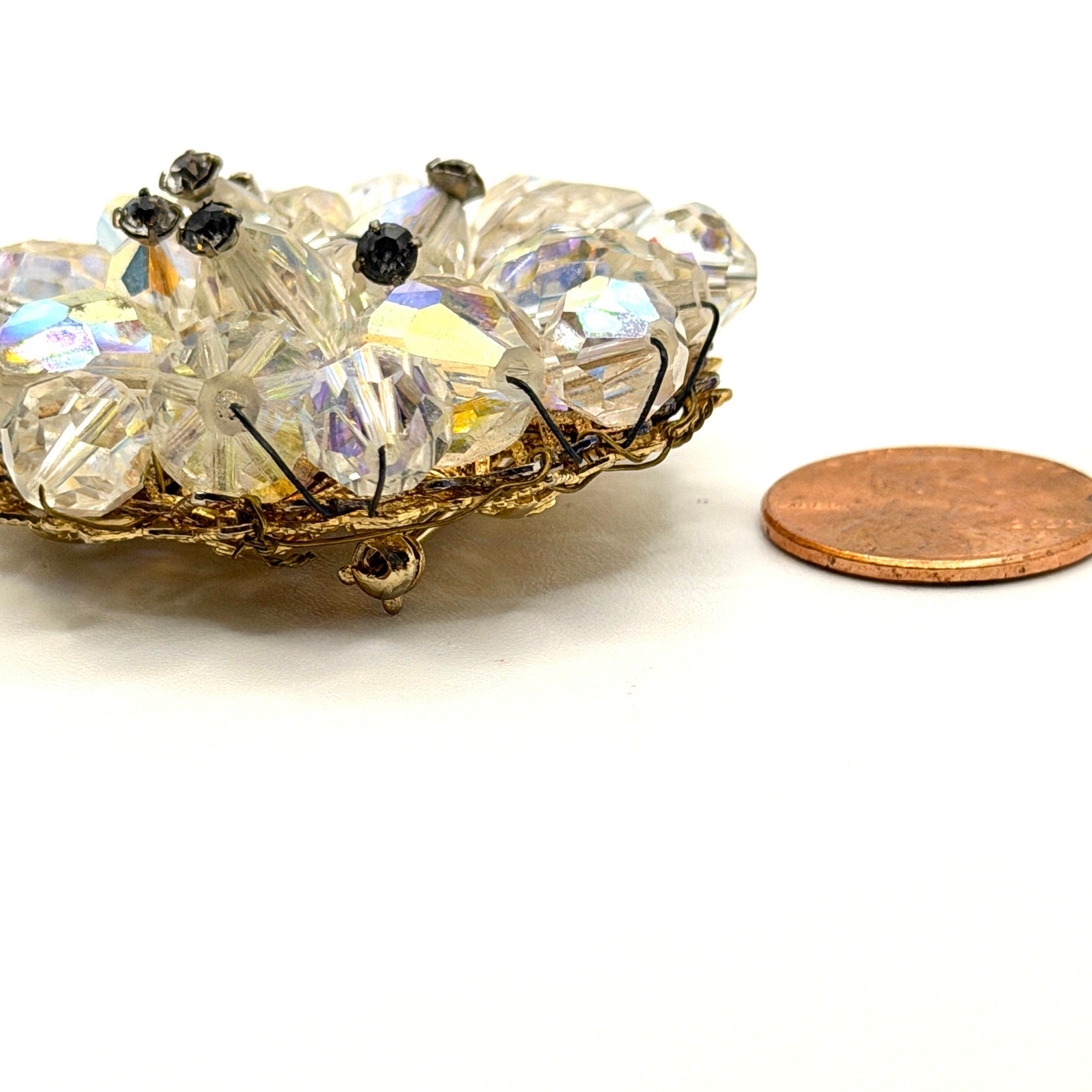 Vintage 50s Clear Aurora Borealis Crystal Glamour Wire Wrapped Cluster Brooch