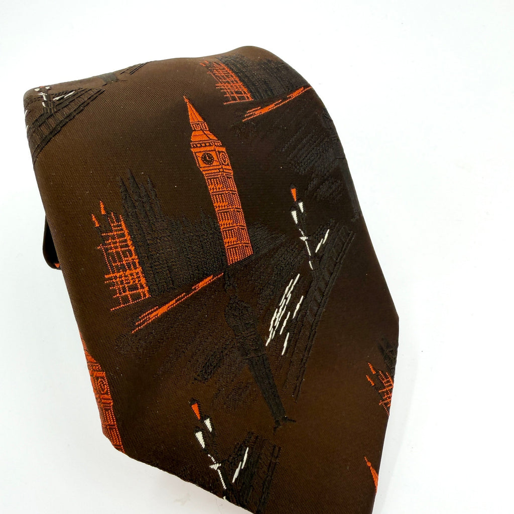 Vintage 70s Trevira Brown Orange London Novelty Architecture Super Wide Necktie