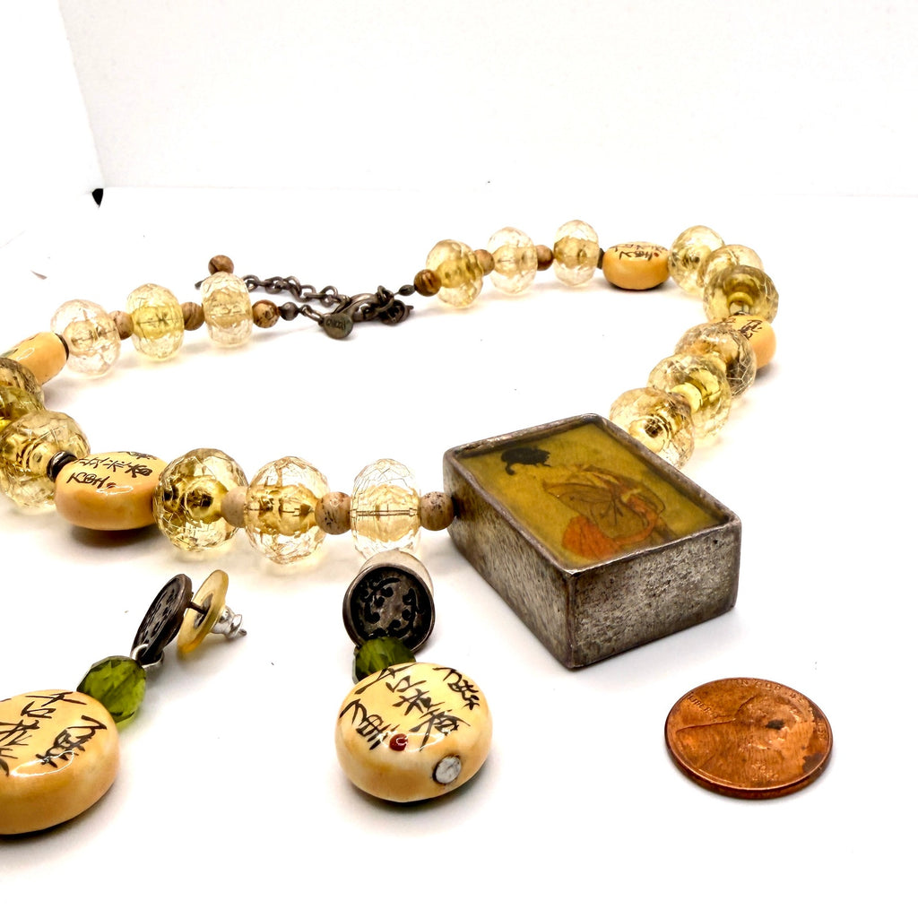 Vintage 90s Chico's Yellow Amber Chinoiserie Geisha Necklace Earring Set