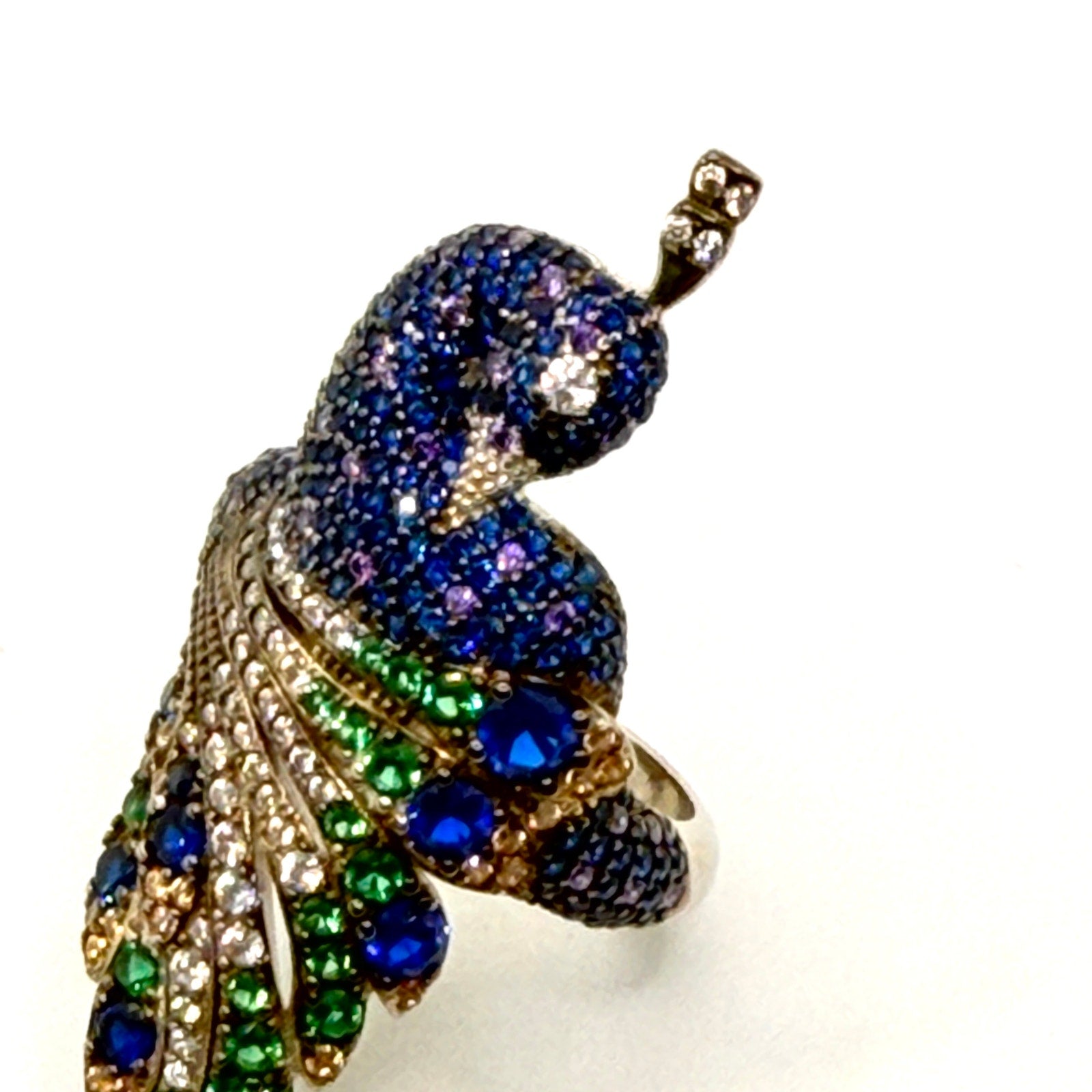 Vintage Y2K Stamped Sterling Silver Multicolored Pave Peacock Statement Ring