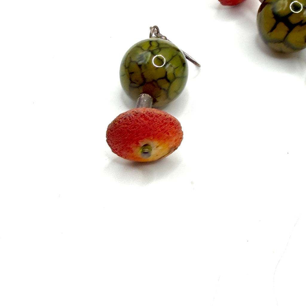 Vintage 90s Olive Green Crackle Glass Boho Drop Earrings