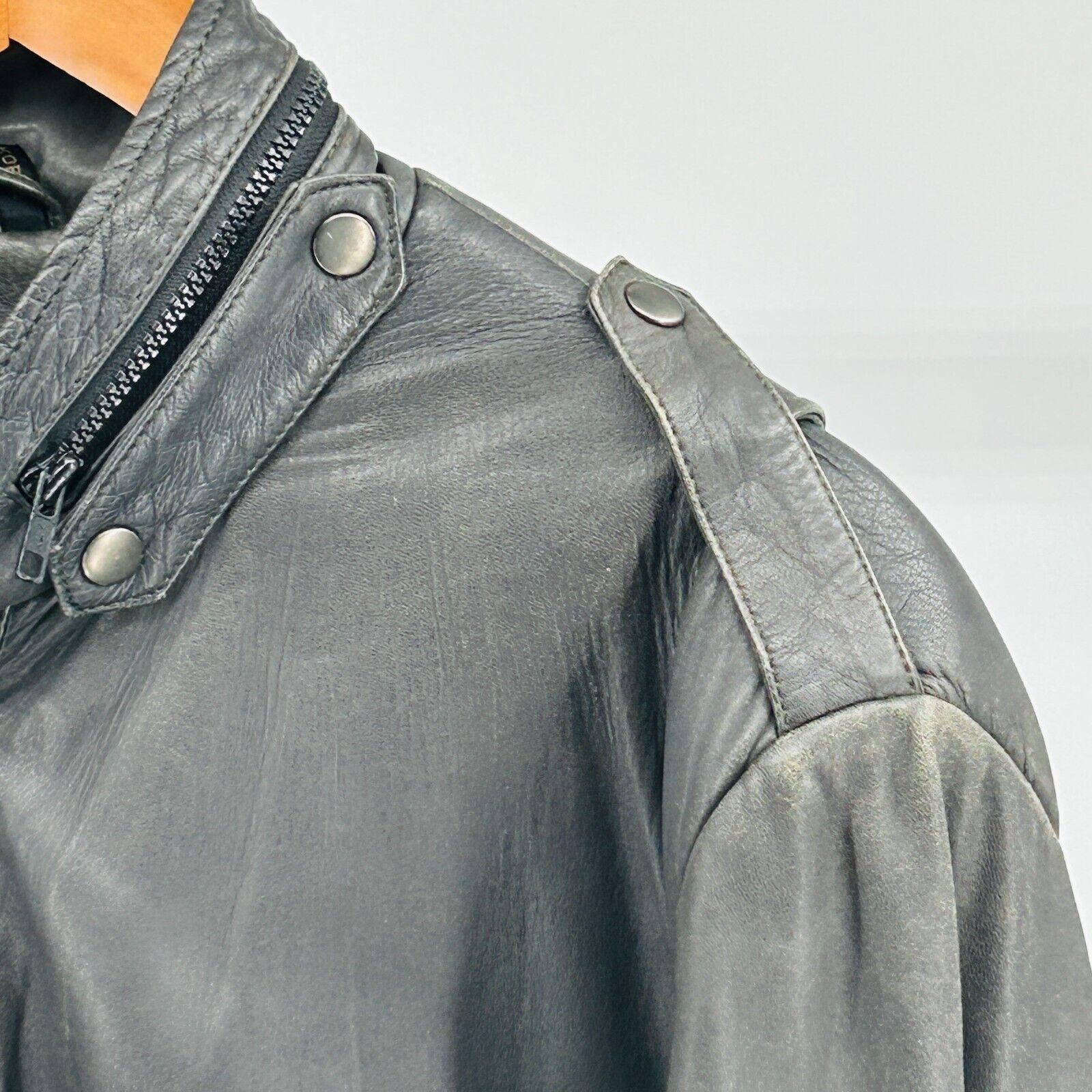 Vintage 80s Bloomingdale's Black Genuine Leather Distressed Bomber Jacket