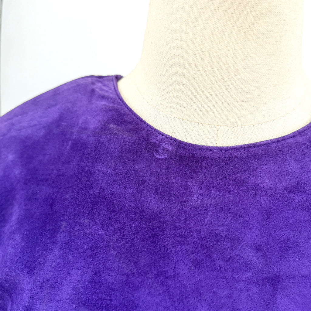 Vintage 80s Lord & Taylor Purple Genuine Suede Ruched Waist Pencil Dress