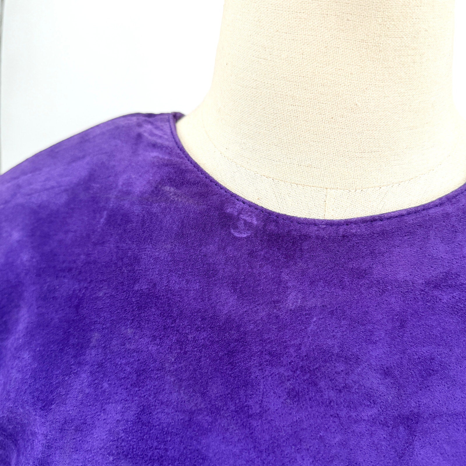 Vintage 80s Lord & Taylor Purple Genuine Suede Ruched Waist Pencil Dress