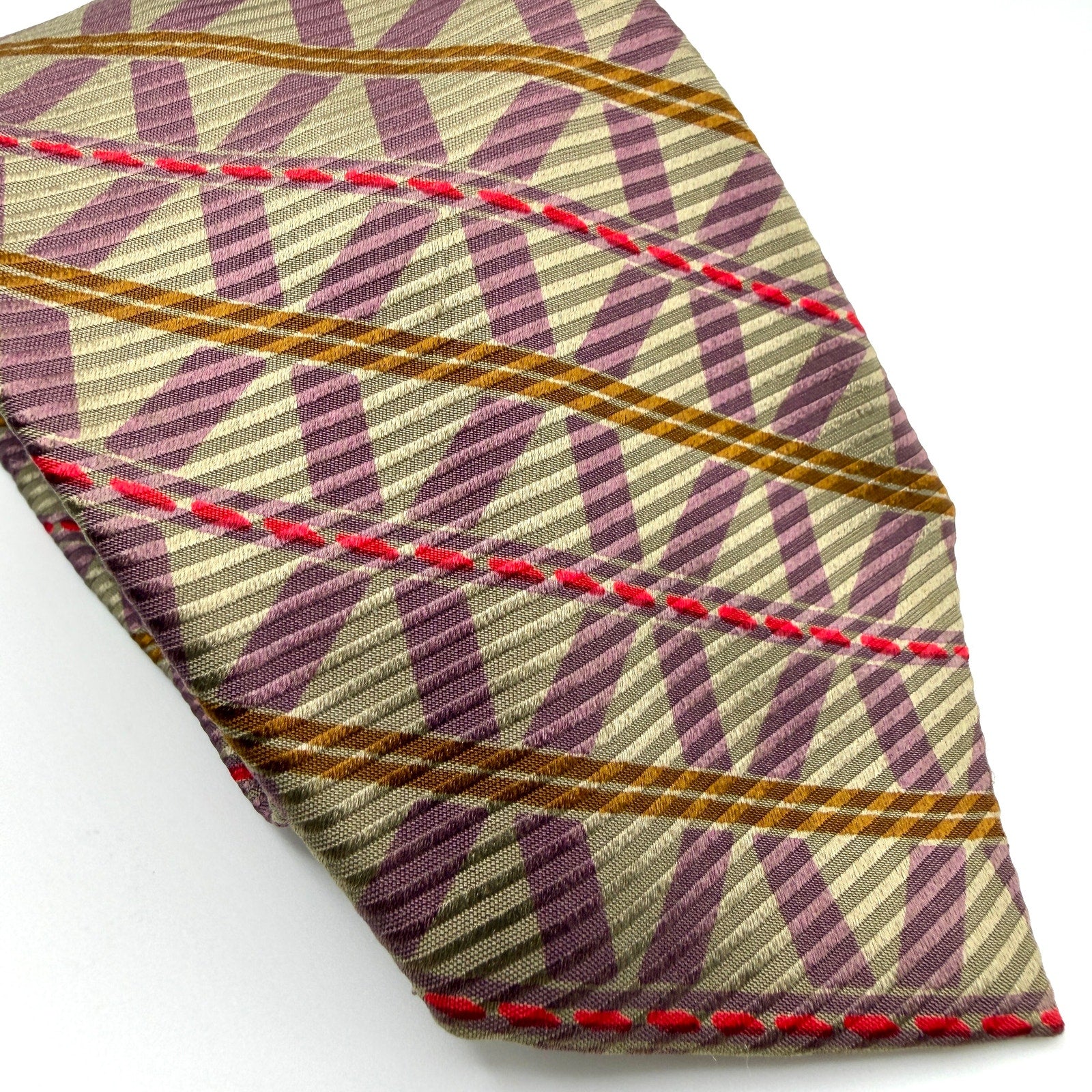 Vintage 90s Giorgio Armani Beige Purple Skinny Geometric 100% Silk Luxury Tie