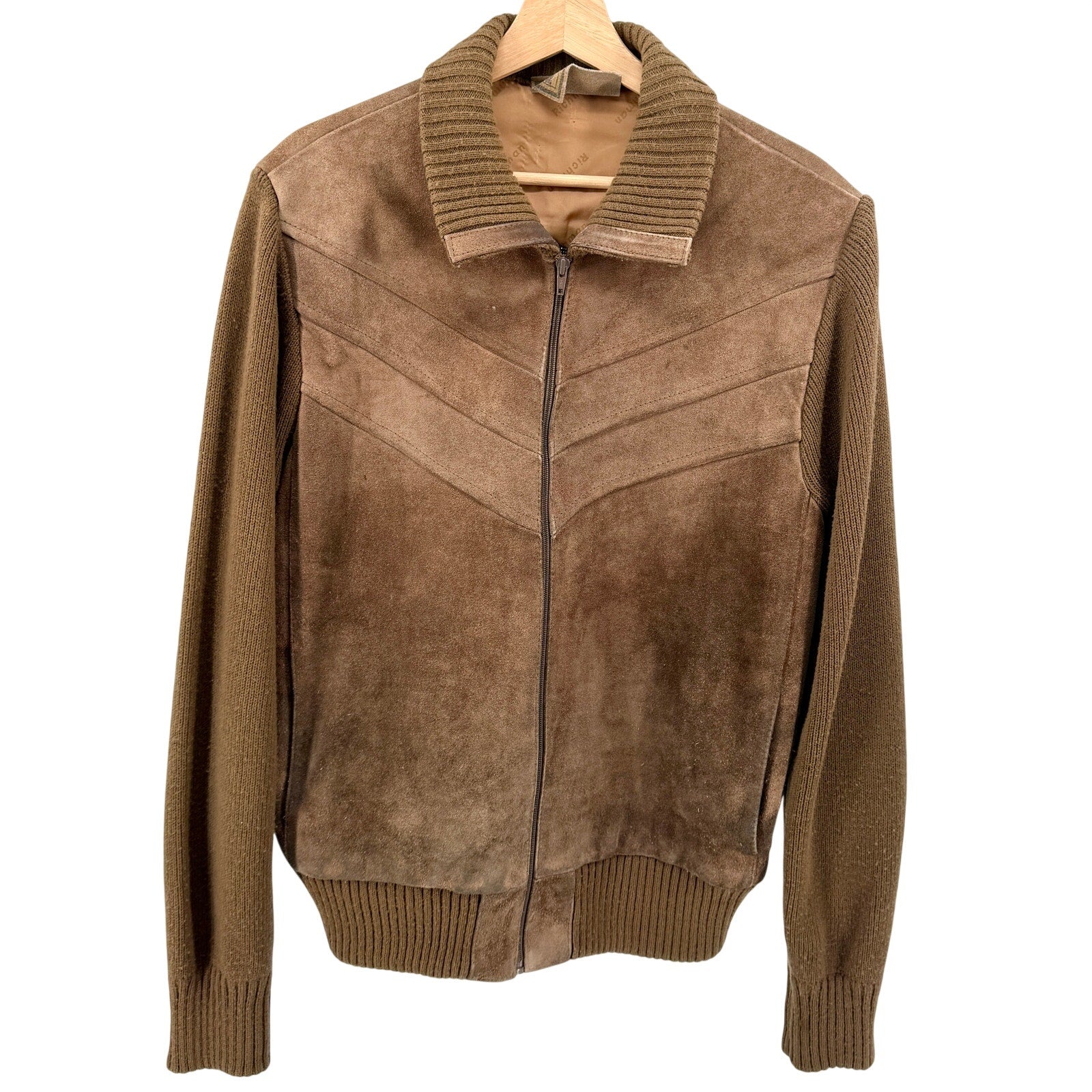 Vintage 70s Richman Brown Genuine Leather Knit Western Bomber Jacket