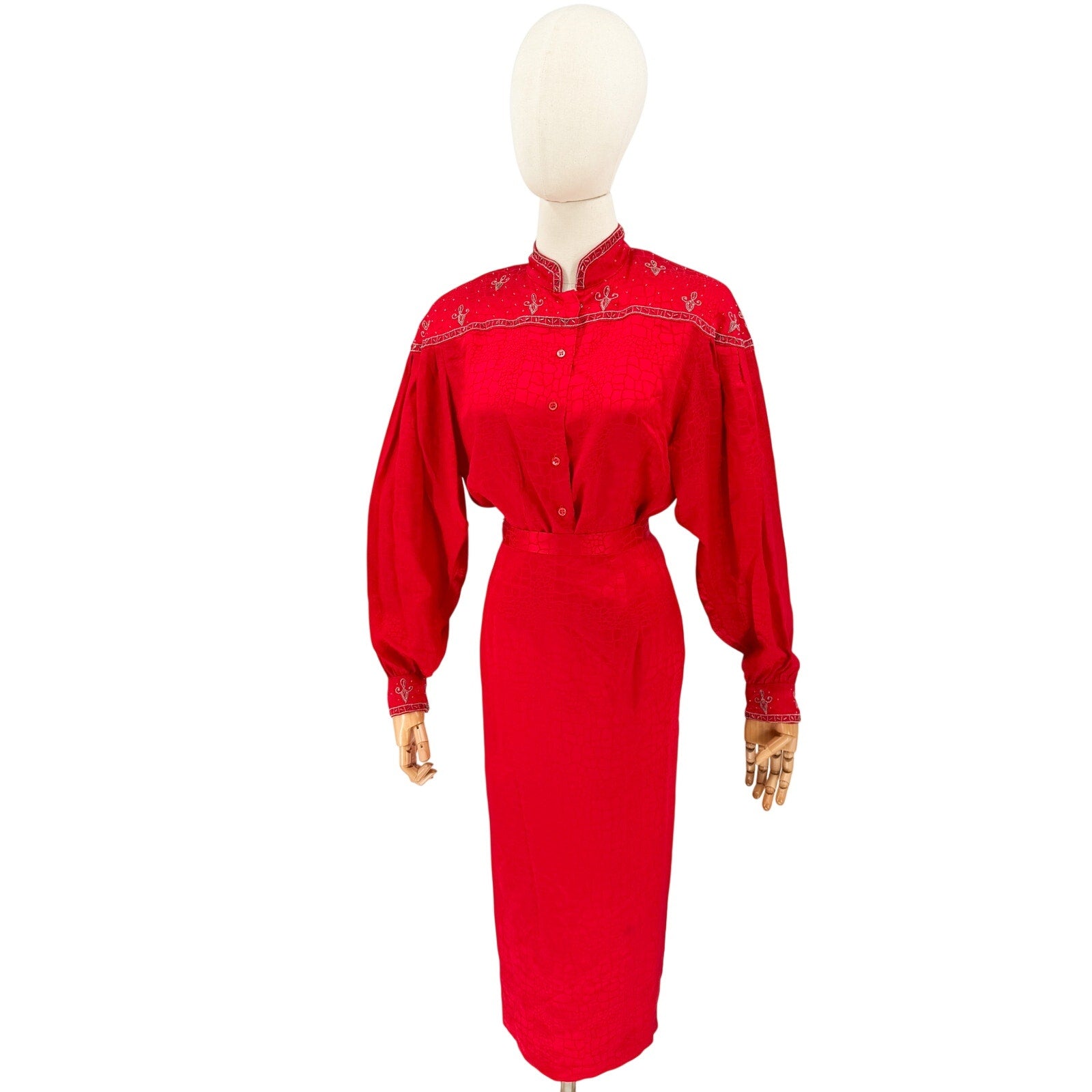 Vintage 80s Anne French Red 100% Silk Beaded Jacquard Skirt Set