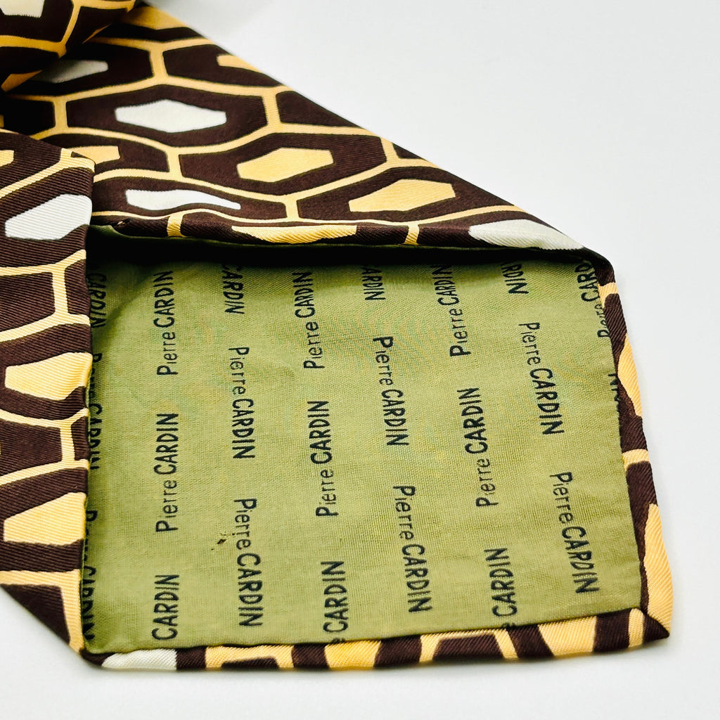Vintage 70s Pierre Cardin Brown Tan Geometric Silk Wide Tie